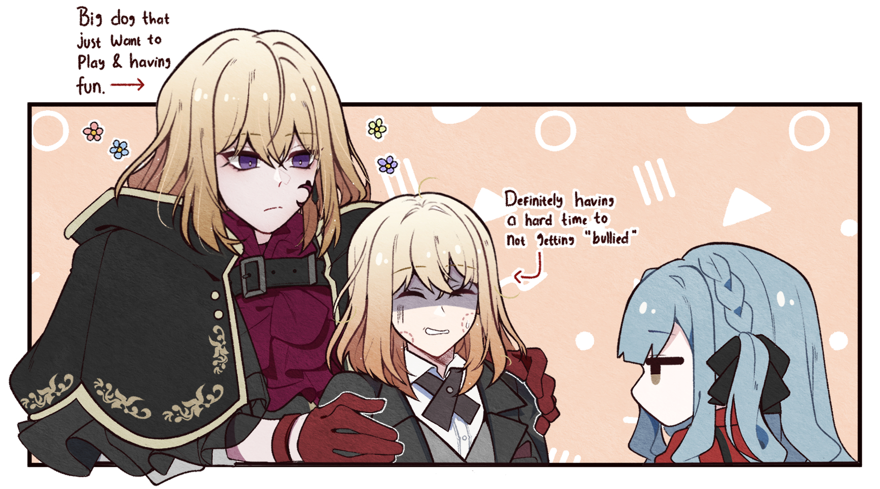 cheschorv, aver (yumenokessho), doloris (bang dream!), misumi uika, oblivionis (bang dream!), togawa sakiko, bang dream!, bang dream! it's mygo!!!!!, commentary, highres, 3girls, bite mark, bite mark on face, black ribbon, blonde hair, blue hair, braid, dual persona, gloves, hair between eyes, implied selfcest, implied yuri, long hair, multiple girls, neck ribbon, purple eyes, red gloves, ribbon, sidelocks, two side up, yumenokessho