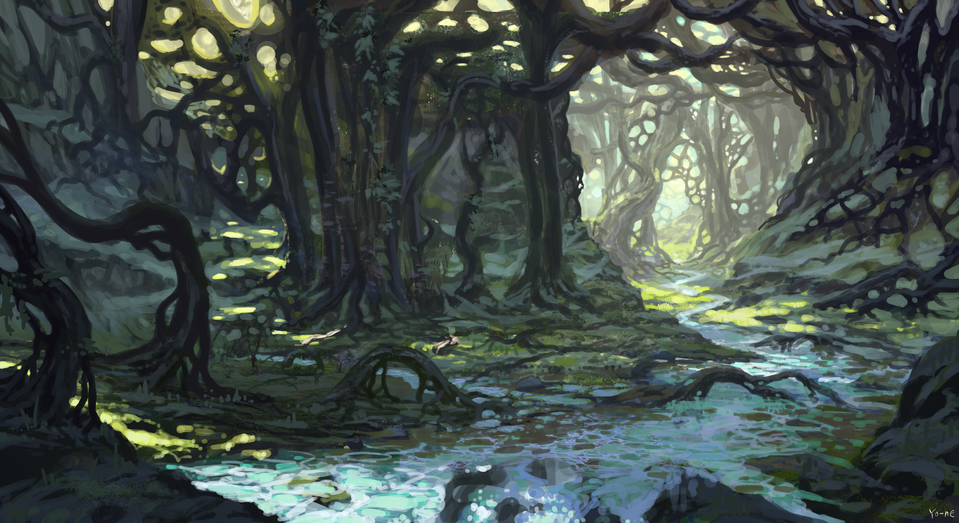 yo-ne, original, absurdres, commentary, highres, artist name, day, fantasy, grass, leaf, mangrove, moss, nature, no humans, outdoors, plant, plant roots, river, scenery, signature, tree, water, wetland