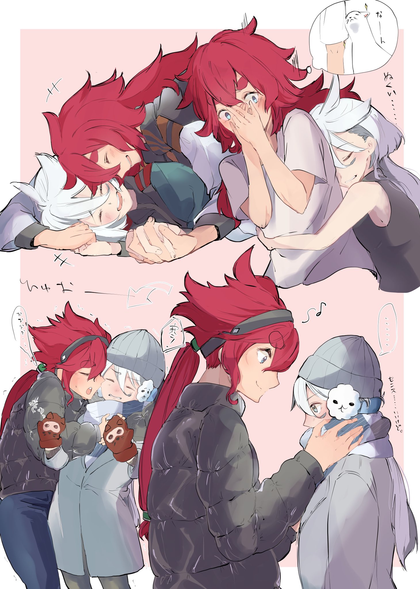 kayumikayumi, miorine rembran, suletta mercury, gundam, gundam suisei no majo, commentary request, highres, translation request, 2girls, asticassia school uniform, beanie, black coat, black hairband, black shirt, blue pants, blue scarf, blush, cat, closed eyes, coat, cool (gundam suisei no majo), green jacket, grey coat, grey hat, hairband, hat, holding hands, hug, hug from behind, interlocked fingers, jacket, laughing, long hair, lying on person, multiple girls, pants, red hair, scarf, school uniform, shirt, short sleeves, sleeveless, sleeveless shirt, smile, thick eyebrows, white cat, white hair, white jacket, white shirt, winter clothes, yuri