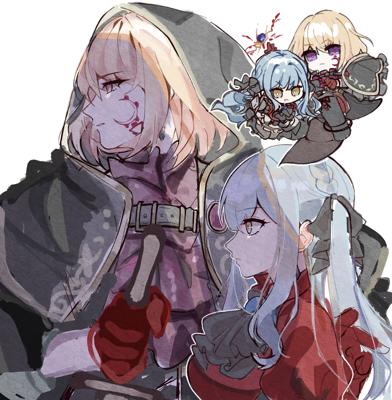 cheschorv, aver (yumenokessho), doloris (bang dream!), misumi uika, oblivionis (bang dream!), togawa sakiko, bang dream!, bang dream! it's mygo!!!!!, commentary, highres, 2girls, ascot, black ascot, black ribbon, blonde hair, blue hair, facial mark, gloves, hair ribbon, hood, hood up, long hair, magic, medium hair, multiple girls, purple eyes, red gloves, red shirt, ribbon, shirt, sidelocks, simple background, white background, yellow eyes, yumenokessho