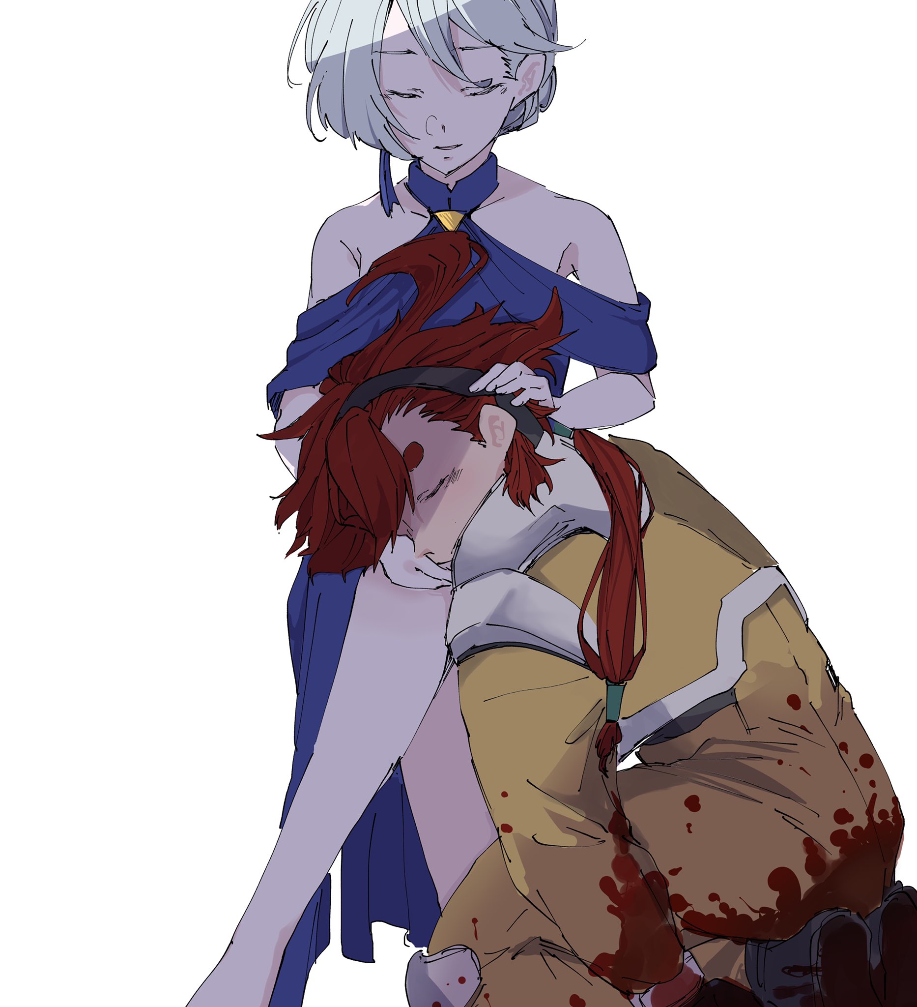 kayumikayumi, miorine rembran, suletta mercury, gundam, gundam suisei no majo, commentary request, highres, 2girls, bare shoulders, black hairband, blood, blood on clothes, blue dress, closed eyes, dress, hairband, hand on another's face, hand on another's head, jumpsuit, lap pillow, multiple girls, off-shoulder dress, off shoulder, parted lips, ponytail, red hair, simple background, thick eyebrows, white background, white hair, yellow jumpsuit, yuri