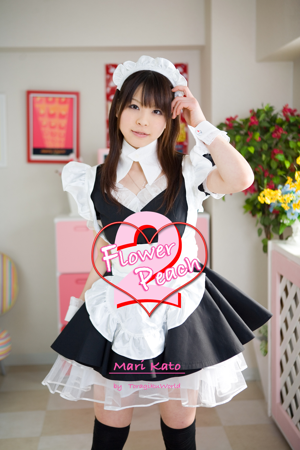 katou mari, highres, photo (medium), apron, cosplay, flower peach 2, maid, maid apron