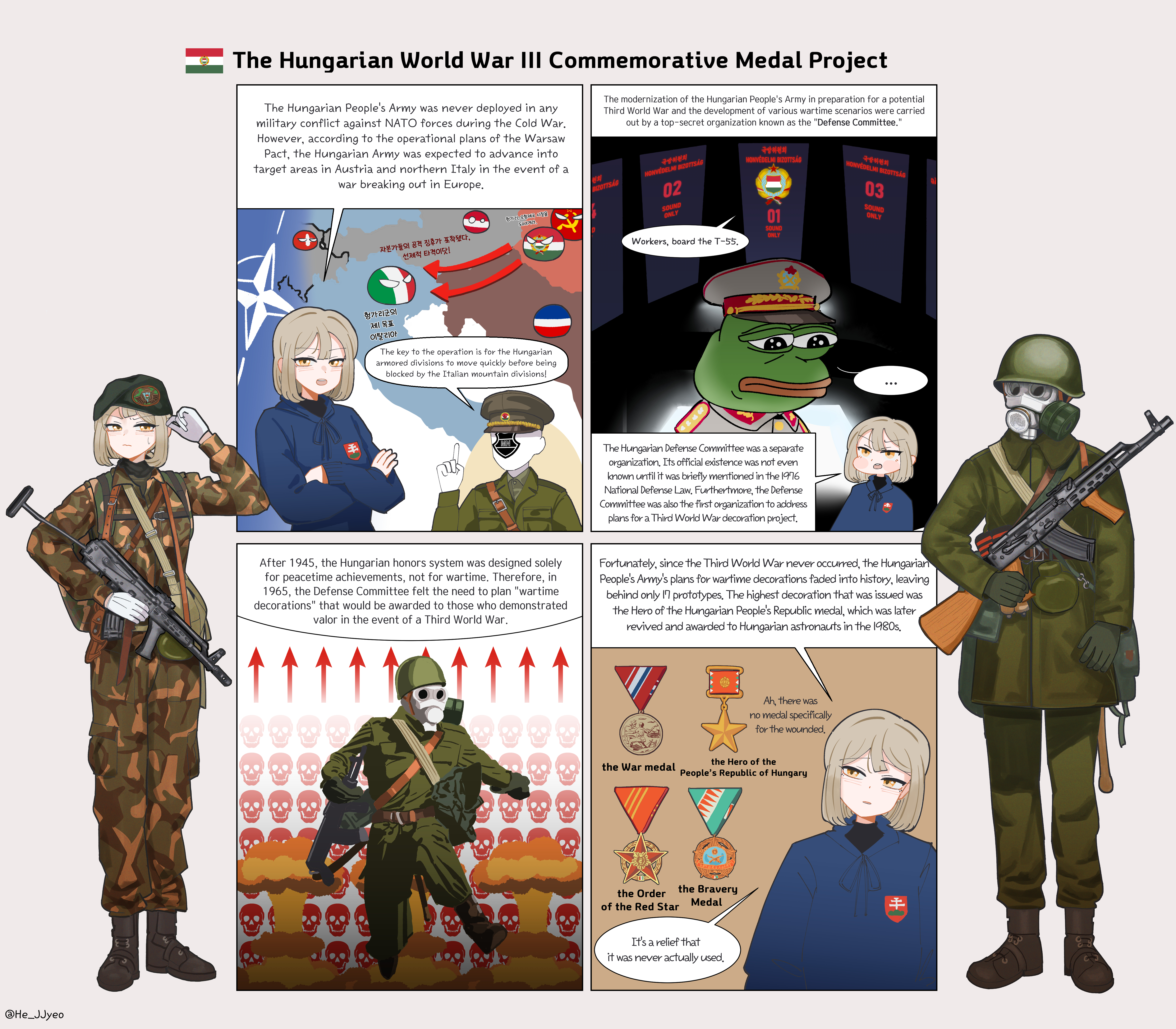 gulyas, pepe the frog, seele (evangelion), countryball, nato, neon genesis evangelion, original, absurdres, highres, huge filesize, translated, 1girl, 3boys, adjusting hair, akm, akm-63, amd-65, ammunition pouch, arrow (symbol), assault rifle, belt, beret, black boots, black hat, blonde hair, blue hoodie, boots, brown boots, camouflage, camouflage jacket, camouflage pants, canteen, cold war, combat boots, combat helmet, comic, cross, crossed arms, epaulettes, explosion, faceless, faceless male, folding stock, gloves, green gloves, green jacket, green pants, gun, gun sling, hammer and sickle, hand grenade, hat, helmet, holding, holding gun, holding weapon, hood, hoodie, hungarian flag, hungary, italy, jacket, kalashnikov rifle, medal, medium hair, military, military combat uniform, military dress uniform, military hat, military uniform, multiple boys, mushroom cloud, nuclear explosion, pants, paratrooper, peaked cap, pouch, red star, rifle, running, skull, soviet, spade, speech bubble, ssh-68 combat helmet, star (symbol), stick grenade, switzerland, two-barred cross, warsaw pact, weapon, white gloves, world war iii, yellow eyes, yugoslavia