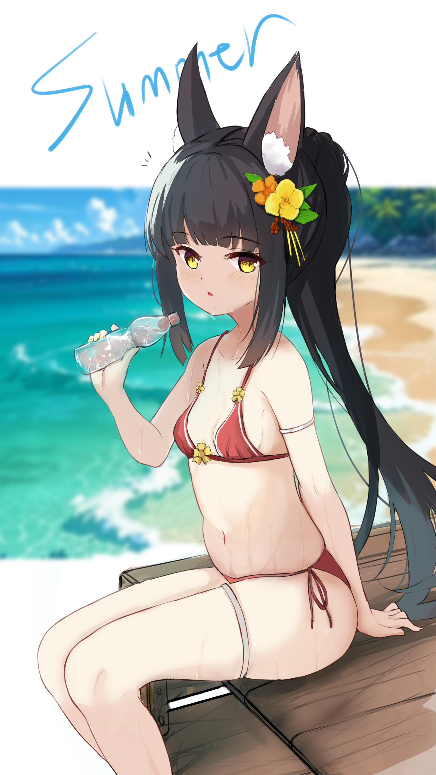 hamiro, nagato (azur lane), azur lane, absurdres, chinese commentary, commentary request, highres, 1girl, animal ear fluff, animal ears, beach, bikini, black hair, breasts, flower, fox ears, fox girl, hair flower, hair ornament, long hair, navel, outdoors, ramune, red bikini, side-tie bikini bottom, sitting, small breasts, solo, swimsuit, yellow eyes