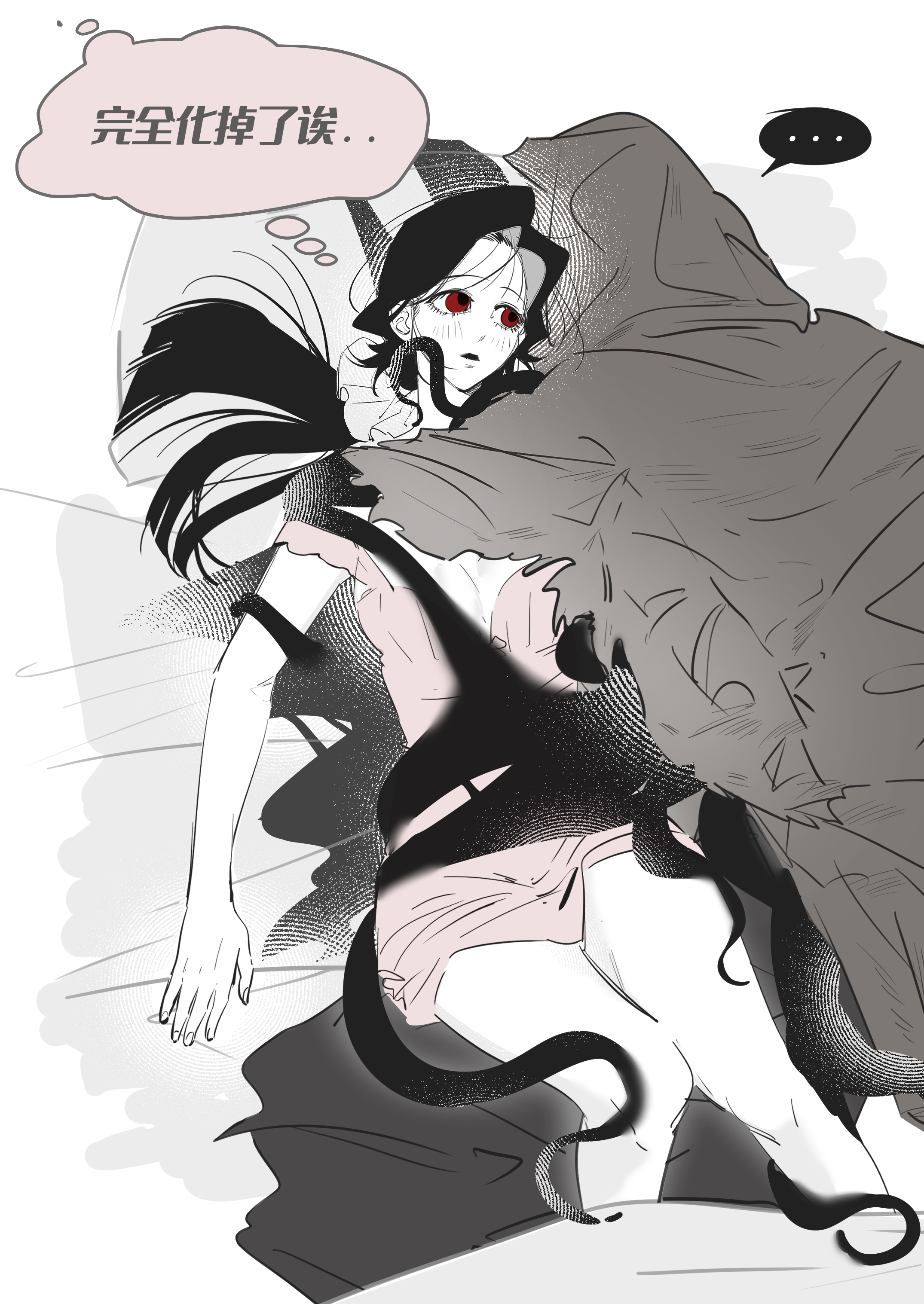 yu lan, adashino adami, mr. hood, homicipher, absurdres, chinese commentary, commentary request, highres, translation request, 1boy, 1girl, babydoll, black hair, chinese text, cloak, from above, hetero, hood, hood up, hooded cloak, hug, long hair, looking at another, lying, monster boy, on back, on bed, pink babydoll, ponytail, red eyes, tentacles