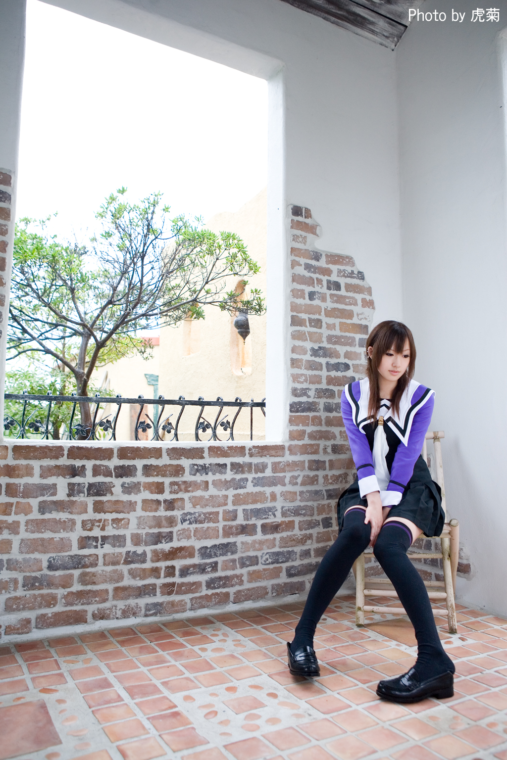 saya (cosplayer), yoshizuki iori, i"s, highres, photo (medium), cosplay, school uniform, serafuku, thighhighs