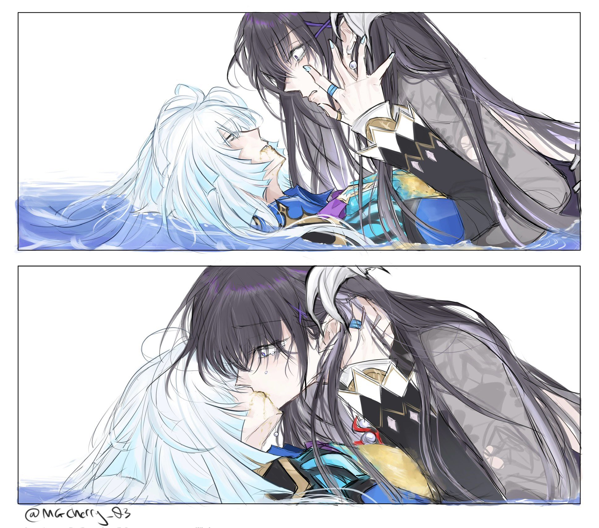 cerydra (honkai: star rail), hysilens (honkai: star rail), honkai: star rail, honkai (series), commentary, english commentary, highres, 2girls, black hair, black shirt, blue hair, blue jacket, blue nails, hand on another's face, jacket, jewelry, kiss, long hair, maguro cherry, multiple girls, partially submerged, ring, shirt, water, white hair, yellow blood, yuri