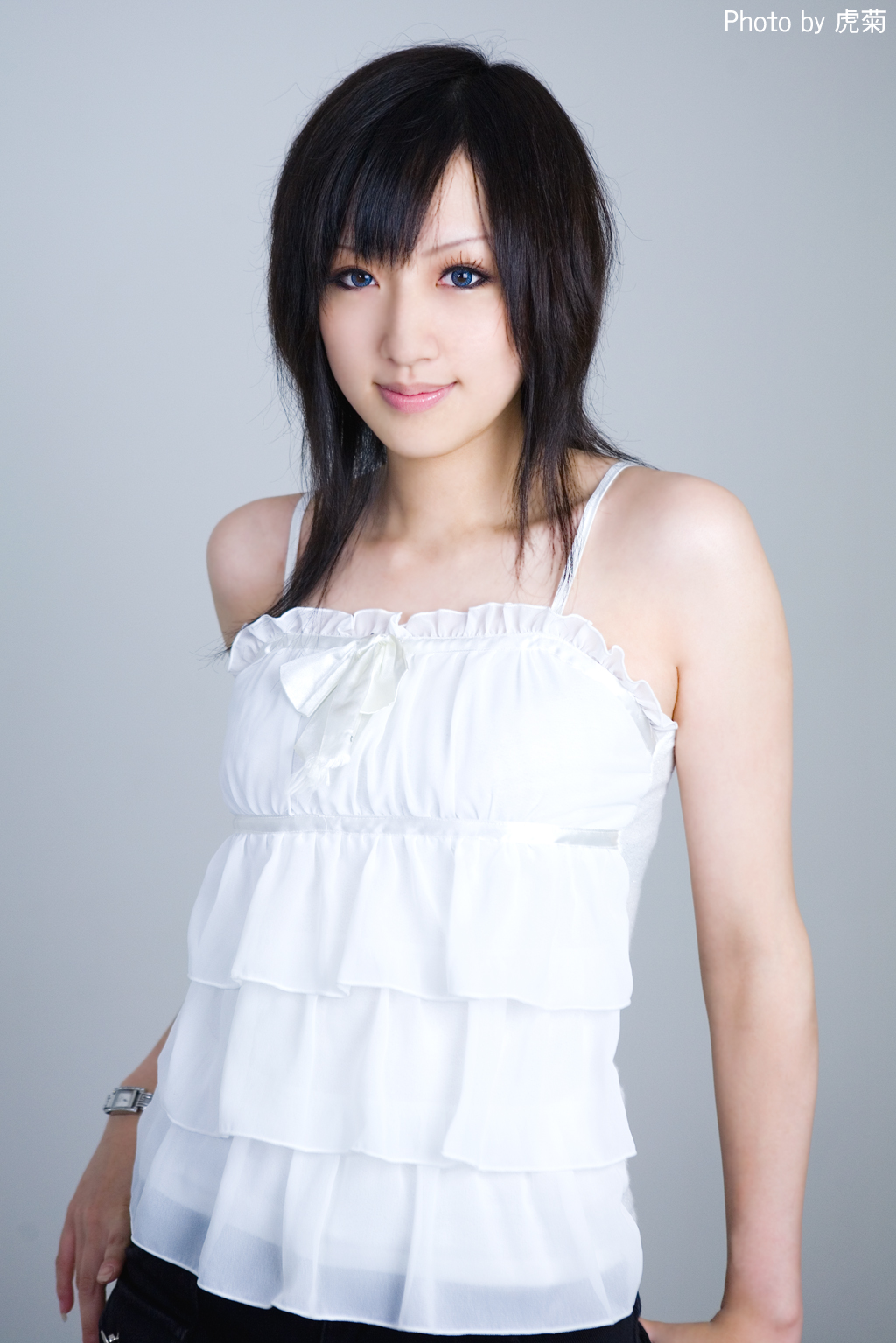 artist request, highres, photo (medium), tagme, 1girl, camisole, collarbone, female focus, grey background, simple background, solo, upper body
