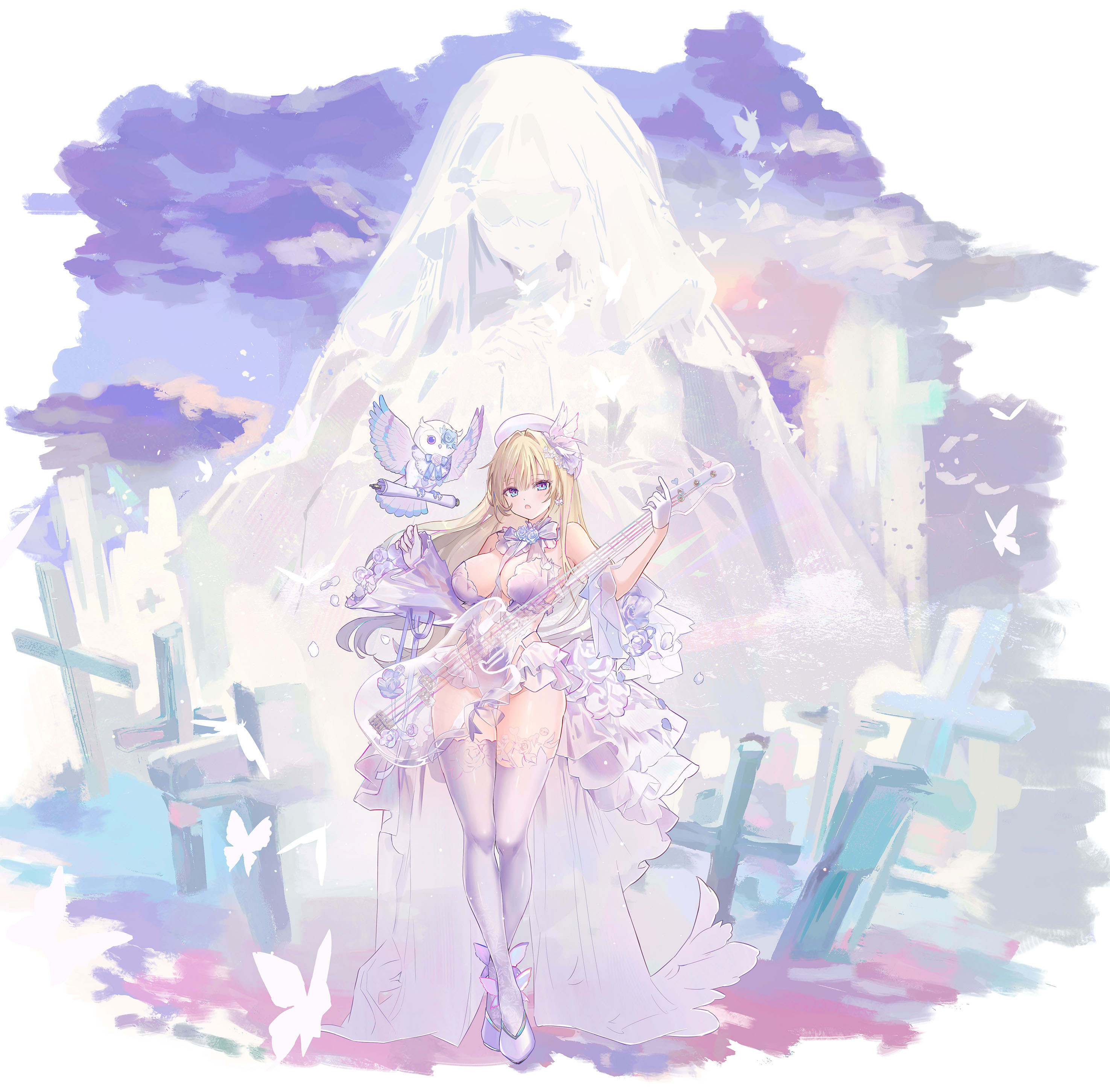 dedeko, absurdres, highres, official art, 1girl, amatsuki mahjong, bare arms, bare shoulders, between breasts, bird, bird hair ornament, blonde hair, blue eyes, breasts, bridal lingerie, bridal veil, butterfly wings, collar, cross, detached sleeves, dove, flower, frilled collar, frilled one-piece swimsuit, frilled skirt, frills, full body, gloves, guitar, hair flower, hair ornament, half gloves, high-low skirt, highleg, highleg one-piece swimsuit, holding, holding guitar, holding instrument, insect wings, instrument, kanzaki kanade (amatsuki mahjong), lace, lace trim, large breasts, lingerie, long hair, one-piece swimsuit, open mouth, owl, revealing clothes, rose, see-through clothes, see-through skirt, see-through sleeves, shoes, skirt, sleeveless, solo, strap between breasts, swimsuit, tachi-e, thighhighs, transparent, transparent background, underwear, veil, white flower, white gloves, white one-piece swimsuit, white rose, white shoes, white thighhighs, wings