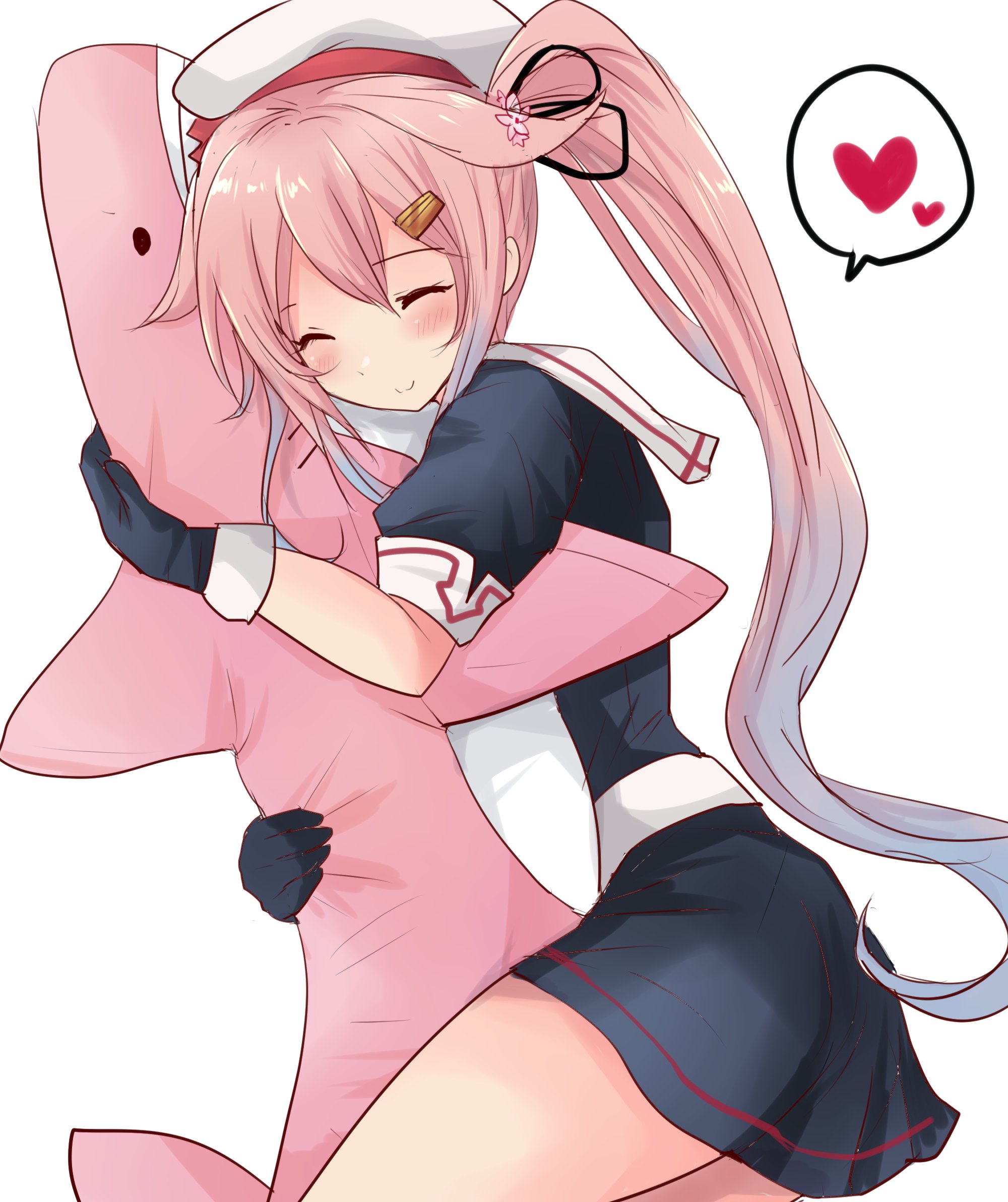 hirune (konekonelkk), harusame (kancolle), kantai collection, commentary request, highres, 1girl, beret, black gloves, black serafuku, black shirt, black skirt, blue hair, closed eyes, cowboy shot, dorsal fin, gloves, gradient hair, hair flaps, hat, heart, hug, hugging doll, hugging object, multicolored hair, pink hair, sailor collar, sailor shirt, school uniform, serafuku, shirt, side ponytail, simple background, skirt, solo, speech bubble, spoken heart, stuffed sharf, white background, white hat, white sailor collar