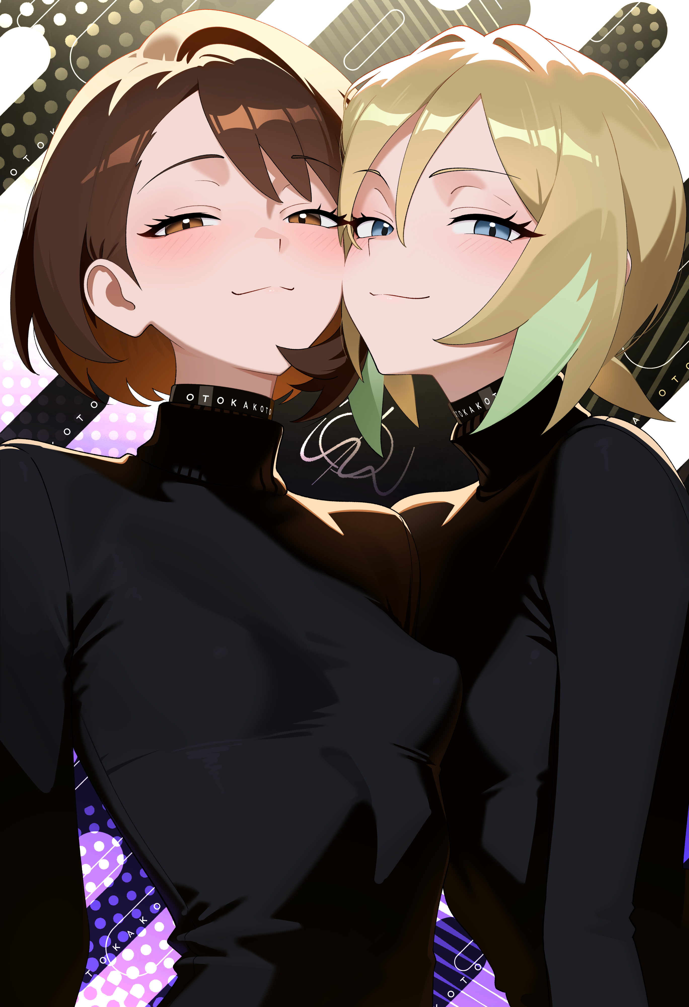 otokakoto, gloria (pokemon), irida (pokemon), nintendo, pokemon, pokemon legends: arceus, pokemon swsh, absurdres, highres, 2girls, black choker, black shirt, blonde hair, blue eyes, blush, breasts, brown eyes, brown hair, choker, covered erect nipples, in-franchise crossover, long sleeves, looking at viewer, multiple girls, shirt, short hair, small breasts, tight clothes, tight shirt, turtleneck, upper body