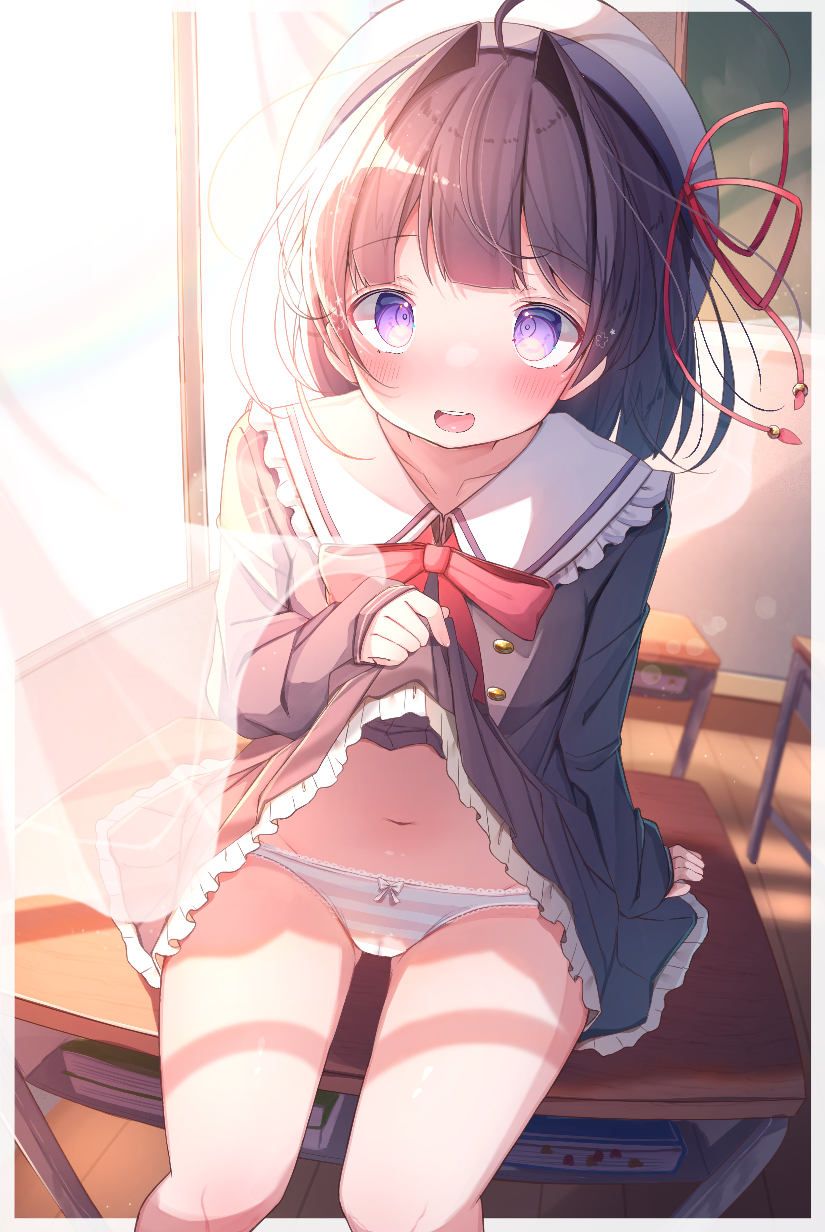 komugi (2212), original, absurdres, commission, highres, skeb commission, 1girl, :d, ahoge, arm support, beret, black dress, black hair, blunt bangs, blush, border, bow, bow panties, bowtie, cameltoe, chalkboard, classroom, clothes lift, collar, curtains, desk, dress, dress lift, dutch angle, fisheye, frilled collar, frilled dress, frills, hair intakes, hat, hat ribbon, huge ahoge, indoors, lens flare, lifting own clothes, looking at viewer, medium hair, navel, on desk, open mouth, outside border, panties, pink panties, puritan collar, purple eyes, raised eyebrows, red bow, red bowtie, red ribbon, ribbon, sailor dress, school desk, school uniform, sitting, smile, stomach, striped clothes, striped panties, thighs, underwear, white border, white collar, white hat, window