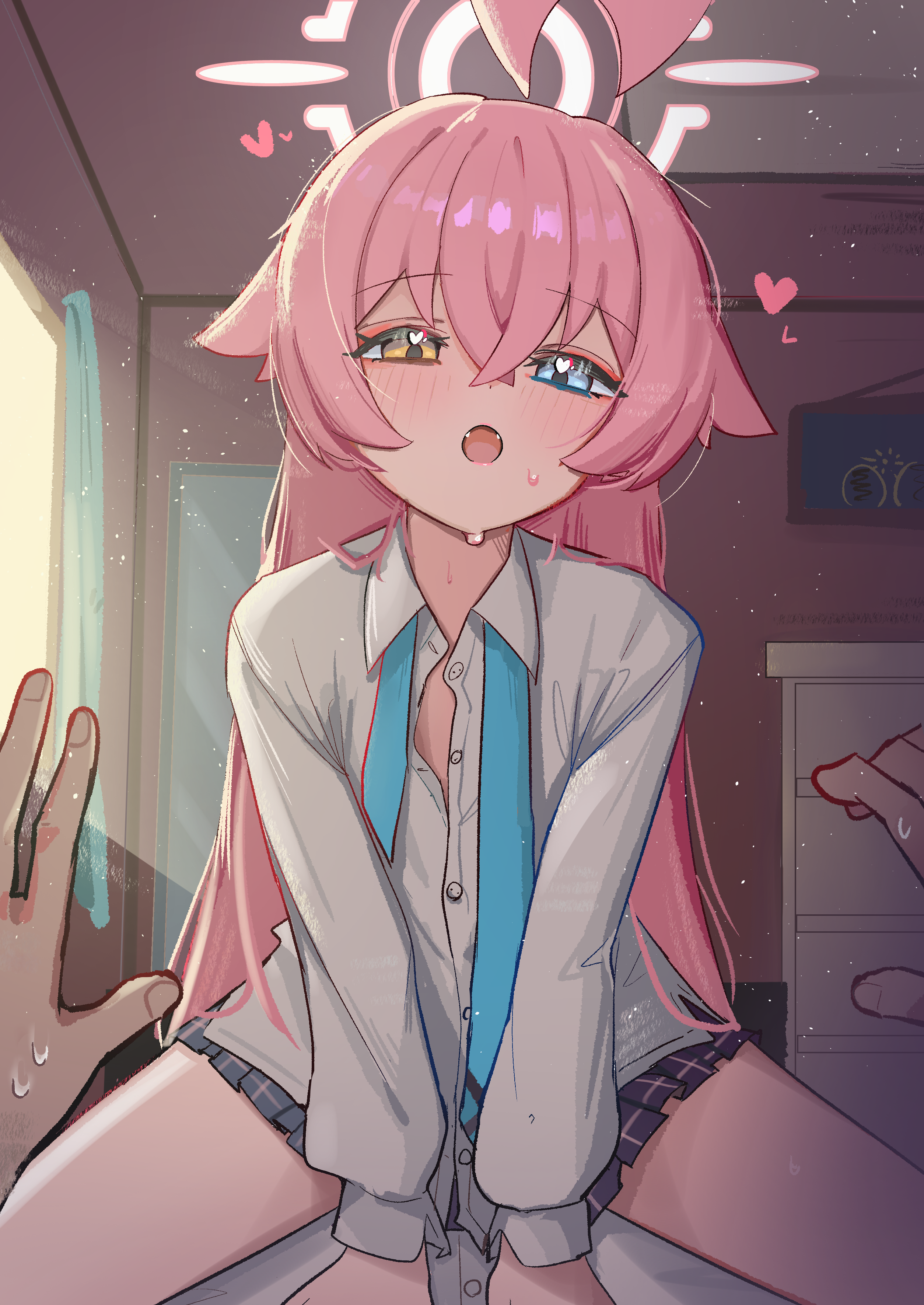 high (hgih), hoshino (blue archive), blue archive, absurdres, highres, 1boy, 1girl, ahoge, blue eyes, flat chest, halo, hetero, heterochromia, long hair, looking at viewer, necktie, pink hair, pink halo, plaid clothes, plaid skirt, pov, shirt, skirt, solo focus, white shirt, yellow eyes
