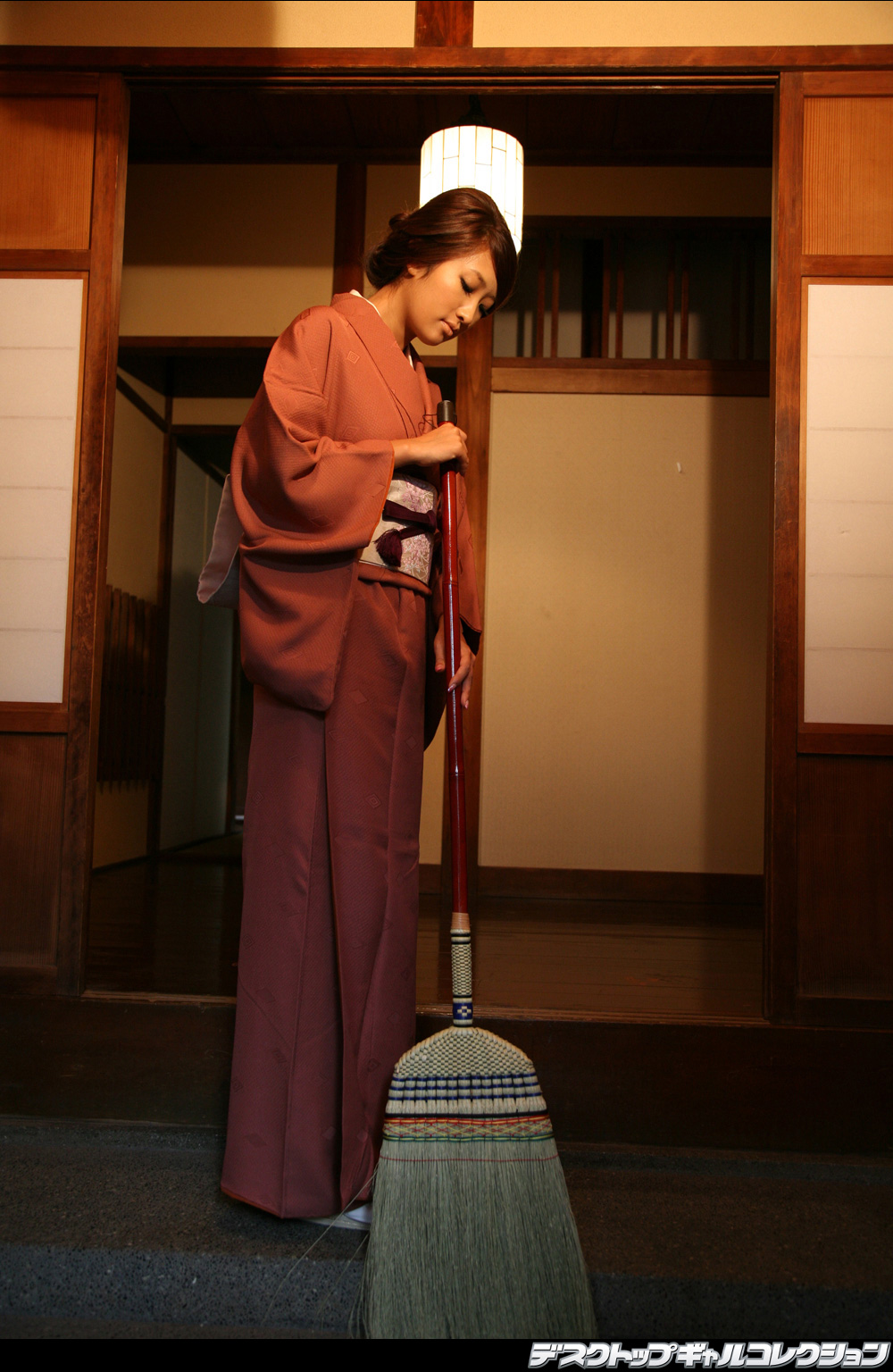 ando sayako, highres, photo (medium), tagme, broom, japanese clothes, kimono