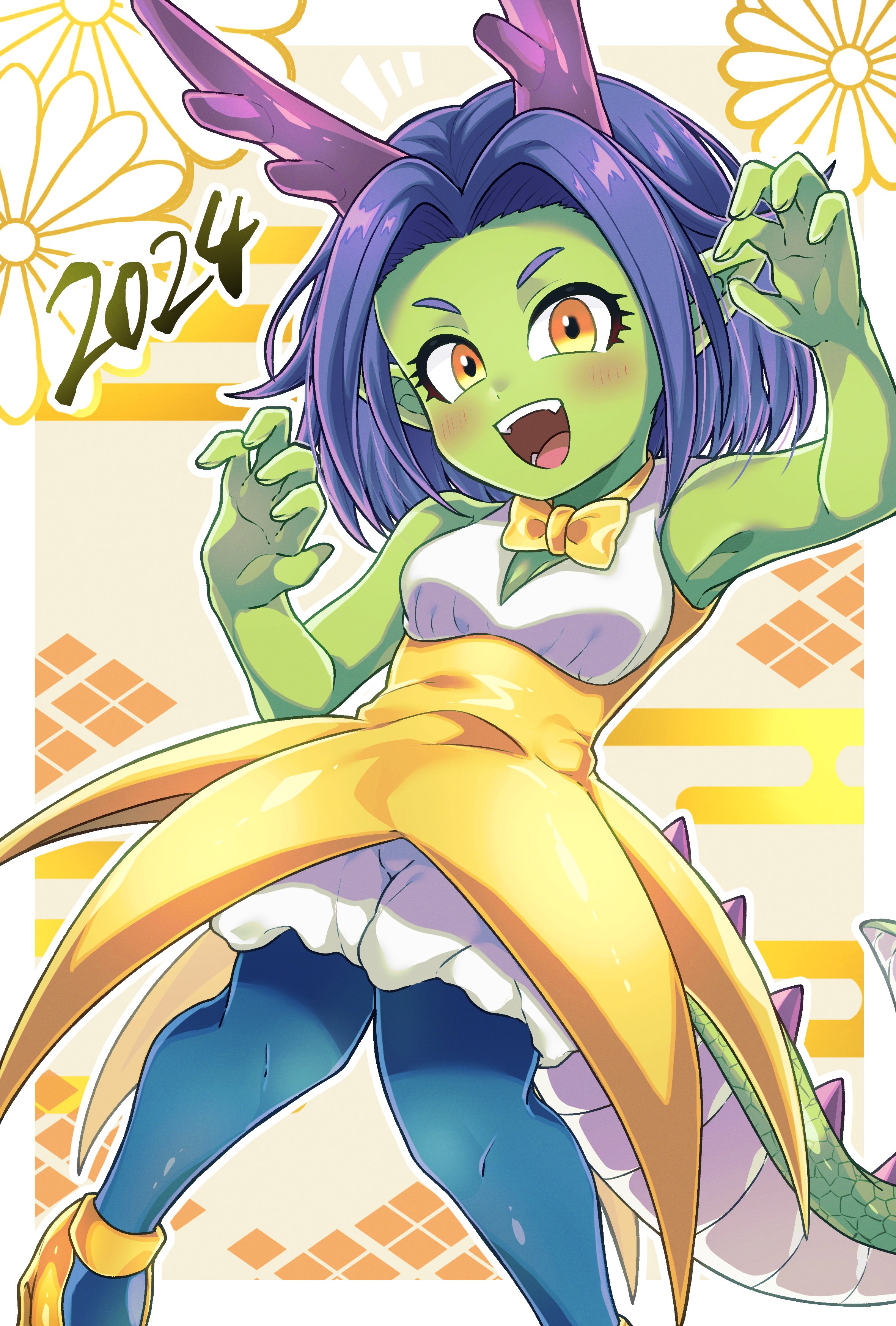 otyumamii, dragon quest, absurdres, commentary request, highres, 1girl, 2024, :d, blue hair, blue pantyhose, border, bow, bowtie, breasts, chinese zodiac, cleavage, colored skin, dragon girl, dragon quest monsters super light, dragon tail, dress, eastern dragon horns, egasumi, fangs, gao, green skin, horns, kikumon, looking at viewer, medium hair, multicolored dress, open mouth, orange background, pantyhose, parted hair, petite, pointy ears, purple horns, shinri (dragon quest), shoes, small breasts, smile, solo, tail, v-neck, white border, white dress, year of the dragon, yellow bow, yellow bowtie, yellow dress, yellow eyes, yellow shoes, yotsuwari-bishi