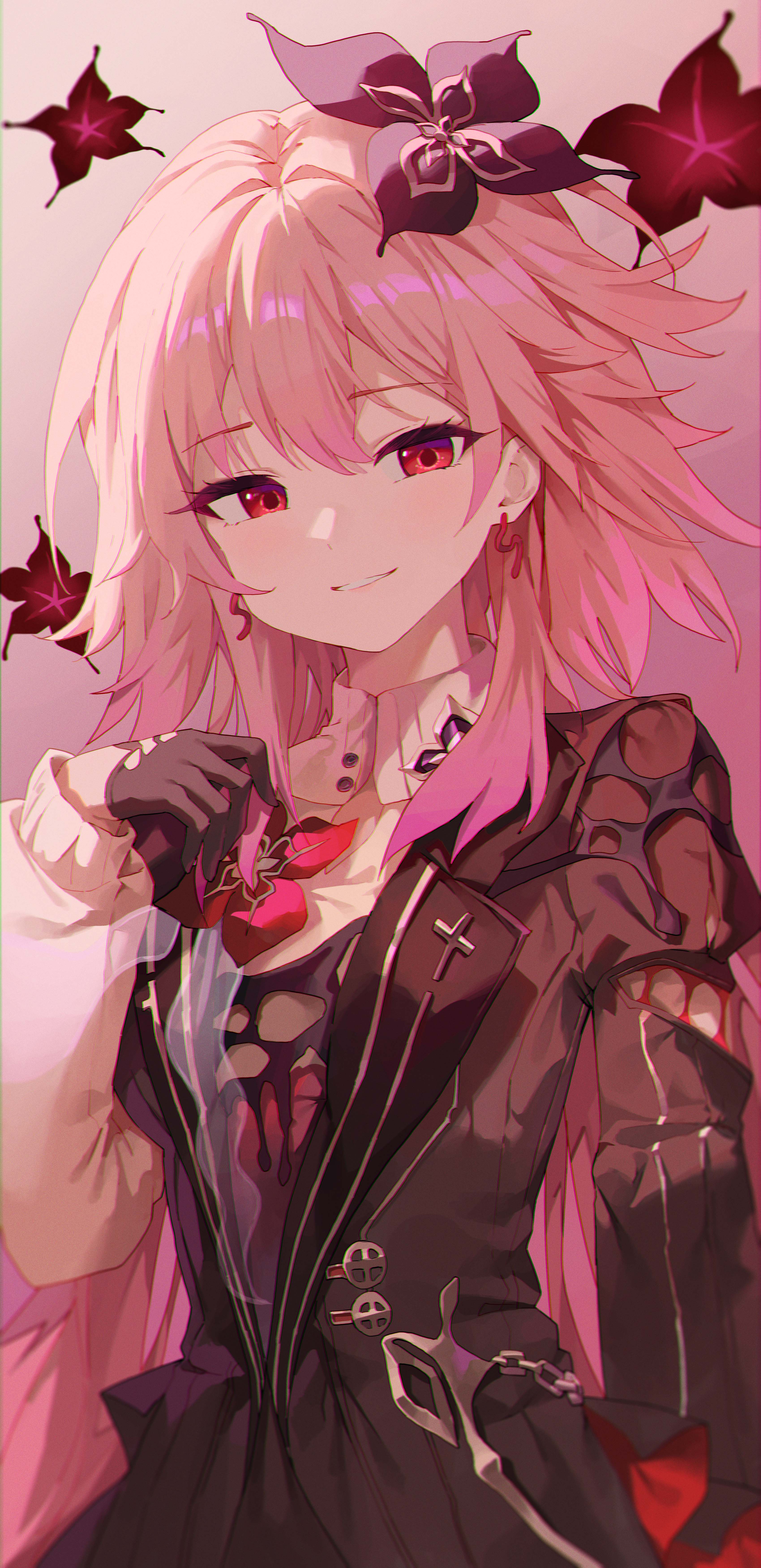 neulrain, evernight (honkai: star rail), march 7th (honkai: star rail), honkai: star rail, honkai (series), absurdres, commentary, highres, 1girl, asymmetrical dress, black dress, black flower, black gloves, breasts, dress, earrings, flower, gloves, hair between eyes, hair flower, hair ornament, half gloves, hand up, jewelry, long hair, long sleeves, looking at viewer, medium breasts, parted lips, pink hair, red eyes, smile, solo, upper body