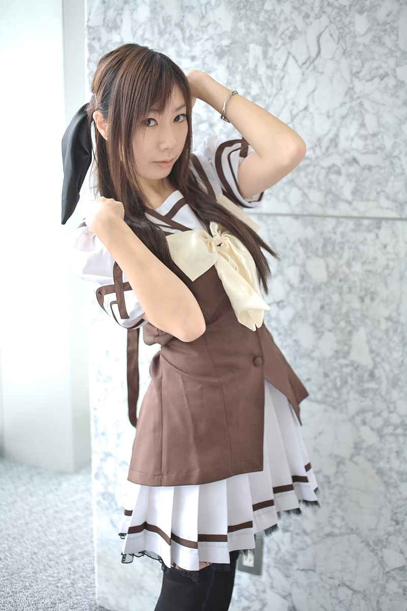 aoki (cosplayer), nerine, shuffle!, highres, photo (medium), bow, cosplay, hair bow, school uniform, serafuku, thighhighs