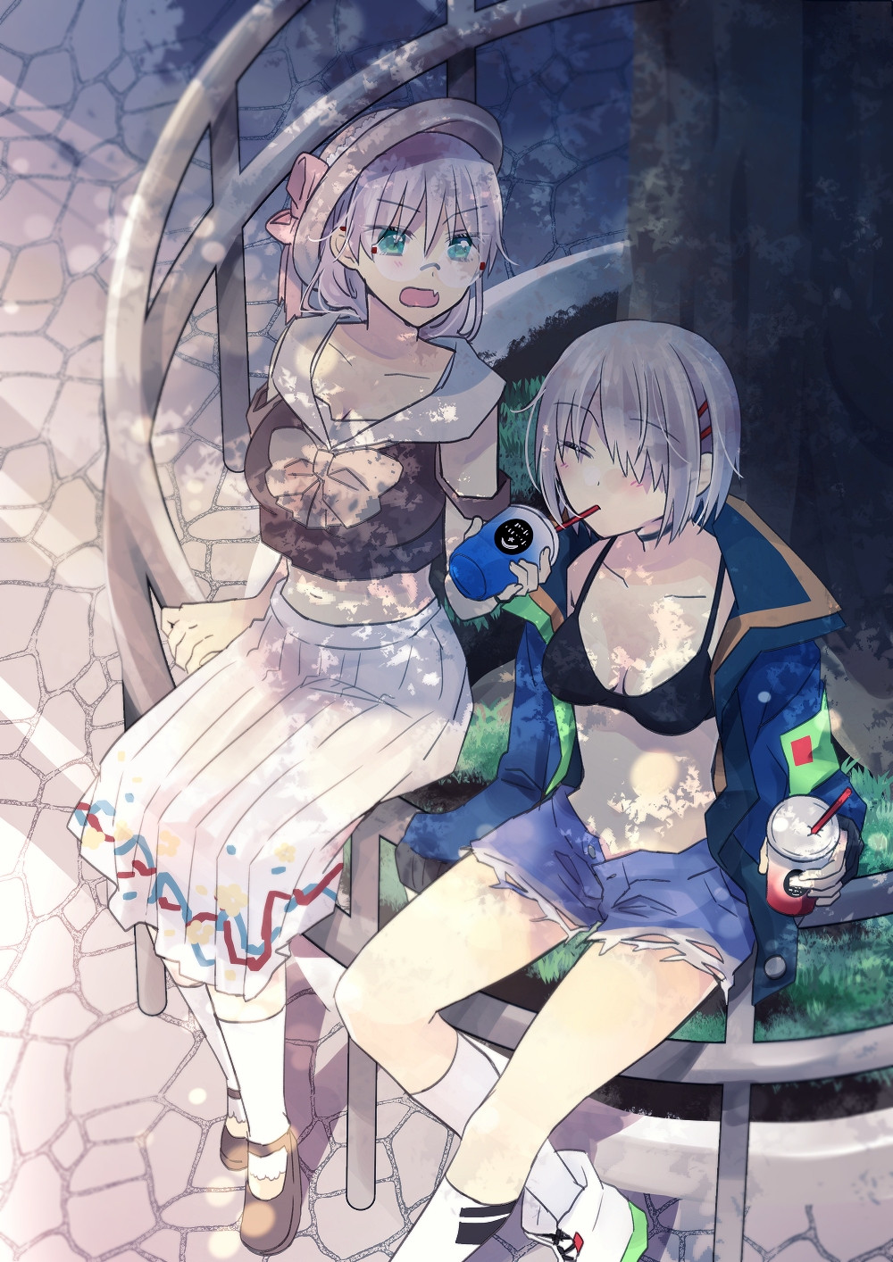 uyuki (ouun), izumi yuki (heaven burns red), kayamori ruka, heaven burns red, highres, 2girls, blonde hair, collarbone, denim, denim shorts, drink, from above, glasses, green eyes, grey hair, hair ornament, hair over one eye, hairclip, long hair, multiple girls, official alternate costume, round eyewear, shared drink, short hair, shorts, yuri