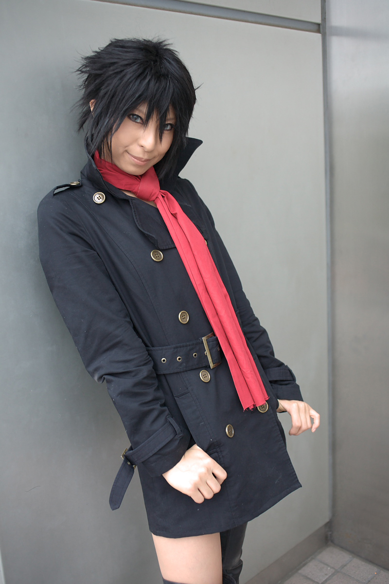 ari (model), character request, highres, photo (medium), source request, coat, cosplay, overcoat, thighhighs