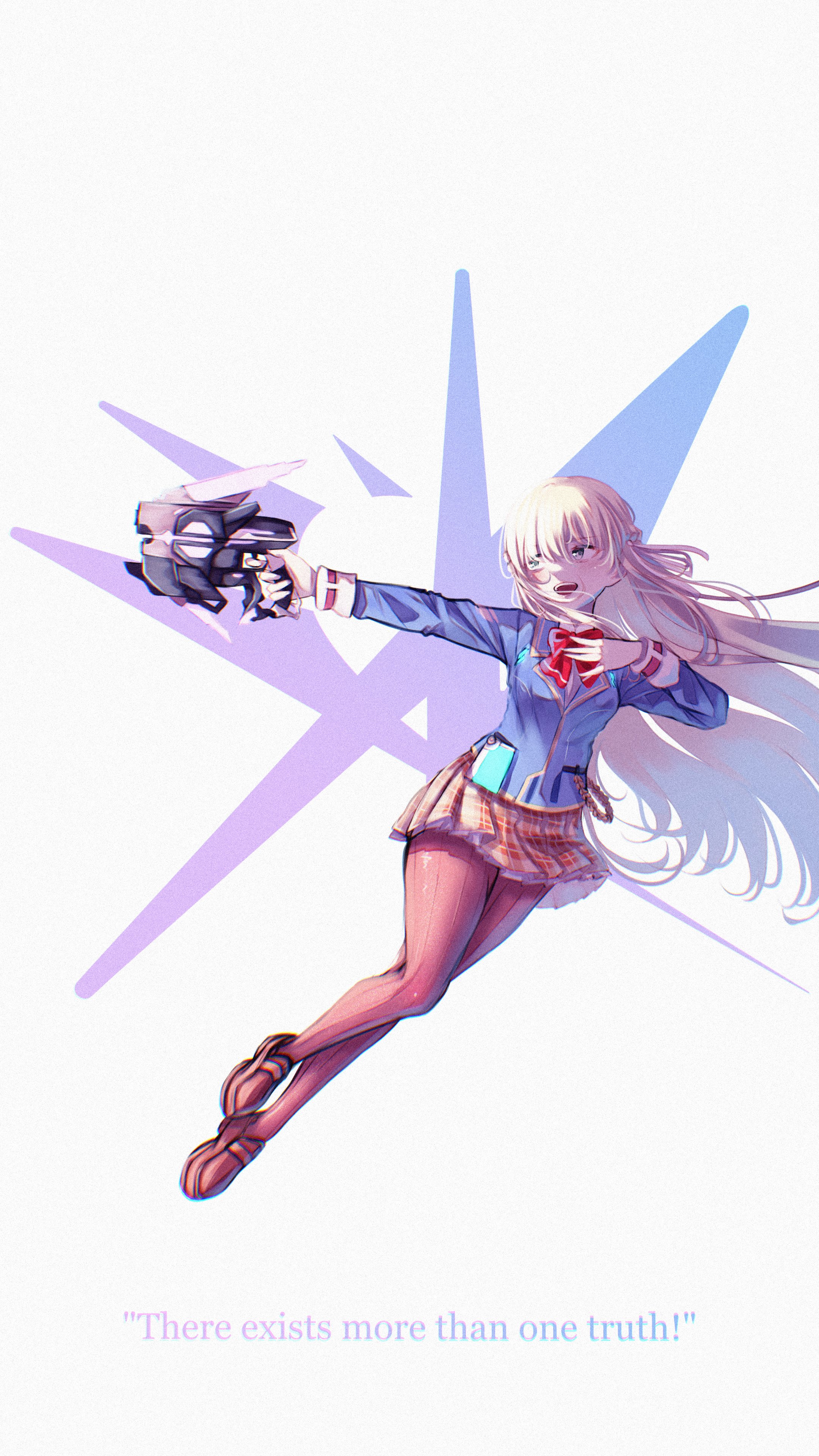 rraiden2 (szsv8382), toujou tsukasa, heaven burns red, absurdres, highres, 1girl, black pantyhose, blonde hair, blue jacket, bow, braid, green eyes, hair ribbon, half up braid, jacket, long hair, long sleeves, pantyhose, red bow, ribbon, solo, striped clothes, striped pantyhose, vertical-striped clothes, vertical-striped pantyhose, white ribbon