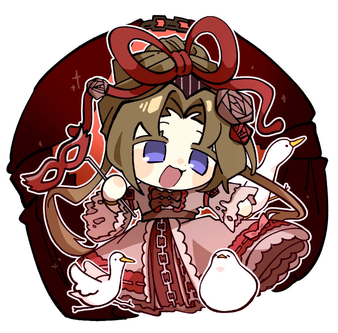 nantekottawo!!, rodion (project moon), limbus company, project moon, 1girl, bird, blue eyes, bow, bowtie, brown bow, brown bowtie, brown hair, chain, dress, goose, hair intakes, hair ribbon, holding, holding mask, indicant's trial (e.g.o), long hair, mask, pink bow, pink dress, red ribbon, ribbon, solo, very long hair