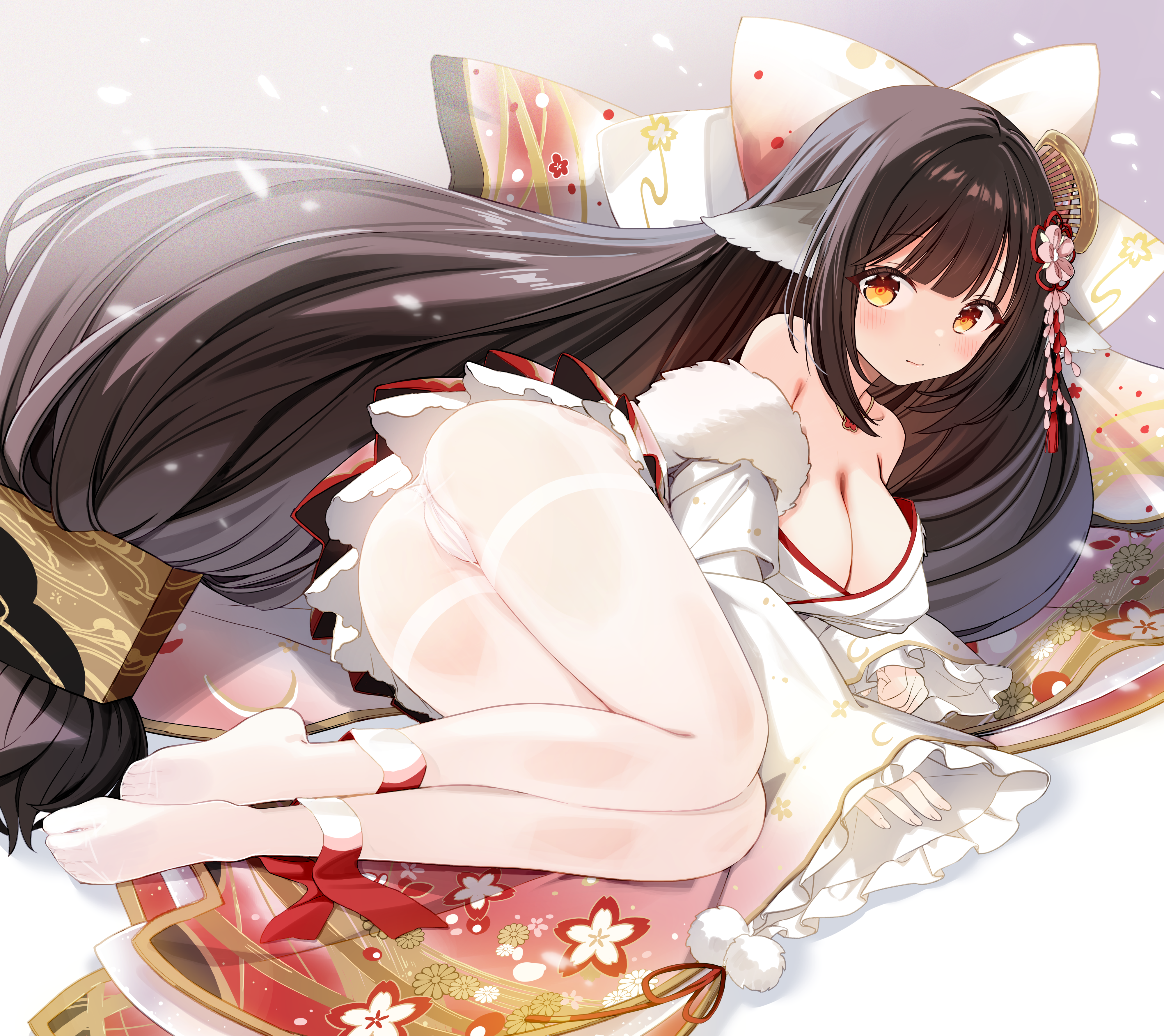 sakuma shiki, harutsuki (azur lane), azur lane, absurdres, highres, 1girl, breasts, detached sleeves, japanese clothes, kimono, light smile, looking at viewer, panties, pantyhose, sleeveless, sleeveless kimono, underwear, white pantyhose