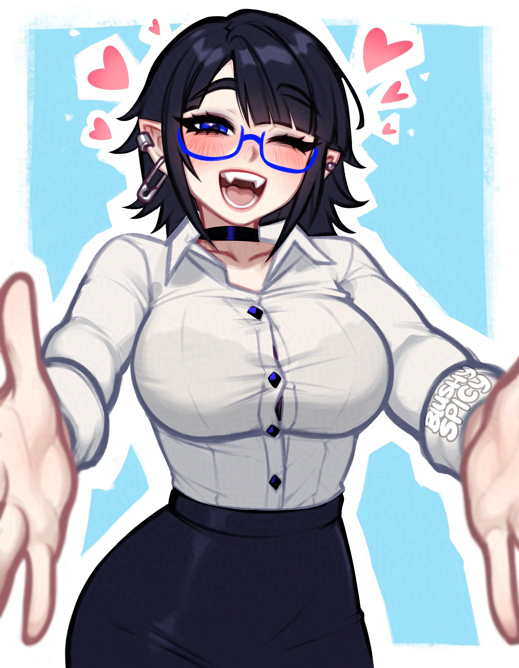 blushyspicy, vivian seong (blushyspicy), commentary, english commentary, highres, 1girl, artist name, black choker, black hair, blue-framed eyewear, blue background, blue eyes, blurry, border, breasts, choker, collarbone, depth of field, heart, large breasts, looking at viewer, office lady, office workers (blushyspicy), one eye closed, pencil skirt, pointy ears, semi-rimless eyewear, shirt, simple background, skirt, solo, under-rim eyewear, white border, white shirt