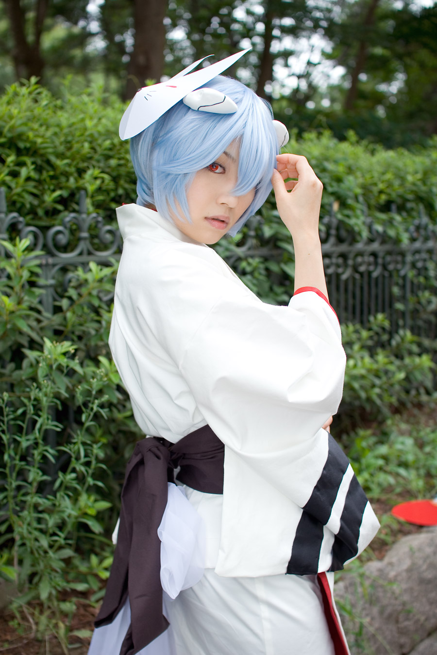 ayanami rei, iori, neon genesis evangelion, highres, photo (medium), blue hair, cosplay, fox mask, japanese clothes, kimono, mask, yukata