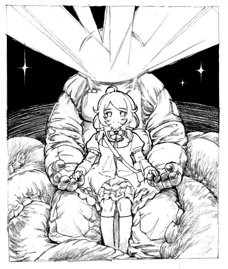 tv nattou, yusa kozue, idolmaster, idolmaster cinderella girls, commentary request, 1girl, 1other, ahoge, astronaut, bag, border, bow, bowtie, closed mouth, dress, faceless, feet out of frame, greyscale, hair over shoulder, holding hands, juliet sleeves, kneehighs, layered sleeves, light rays, long sleeves, looking at viewer, low twintails, medium hair, monochrome, puffy sleeves, short over long sleeves, short sleeves, shoulder bag, sitting, sitting on lap, sitting on person, smile, socks, spacesuit, sparkle, straight-on, tentacles, twintails