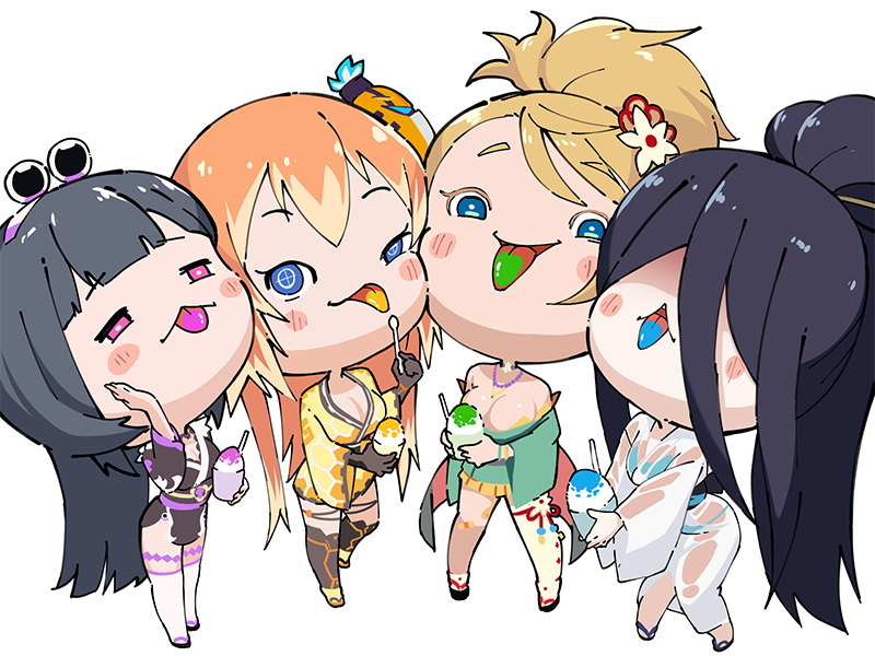 elsa swanson, natalie fletcher, shinonome yahiro, taimanin (series), taimanin rpgx, character request, 4girls, :<, :d, absurdly long hair, black hair, blonde hair, breasts, cheek-to-cheek, chibi, cleavage, curvy, fingernails, food, full body, hair over eyes, happy, heads together, holding, holding food, huge breasts, japanese clothes, kimono, lips, long hair, multiple girls, open mouth, ponytail, purple eyes, see-through clothes, see-through kimono, shiny skin, smile, standing, taimanum, tongue, tongue out, transparent background, very long hair, wet, wet clothes, wide hips
