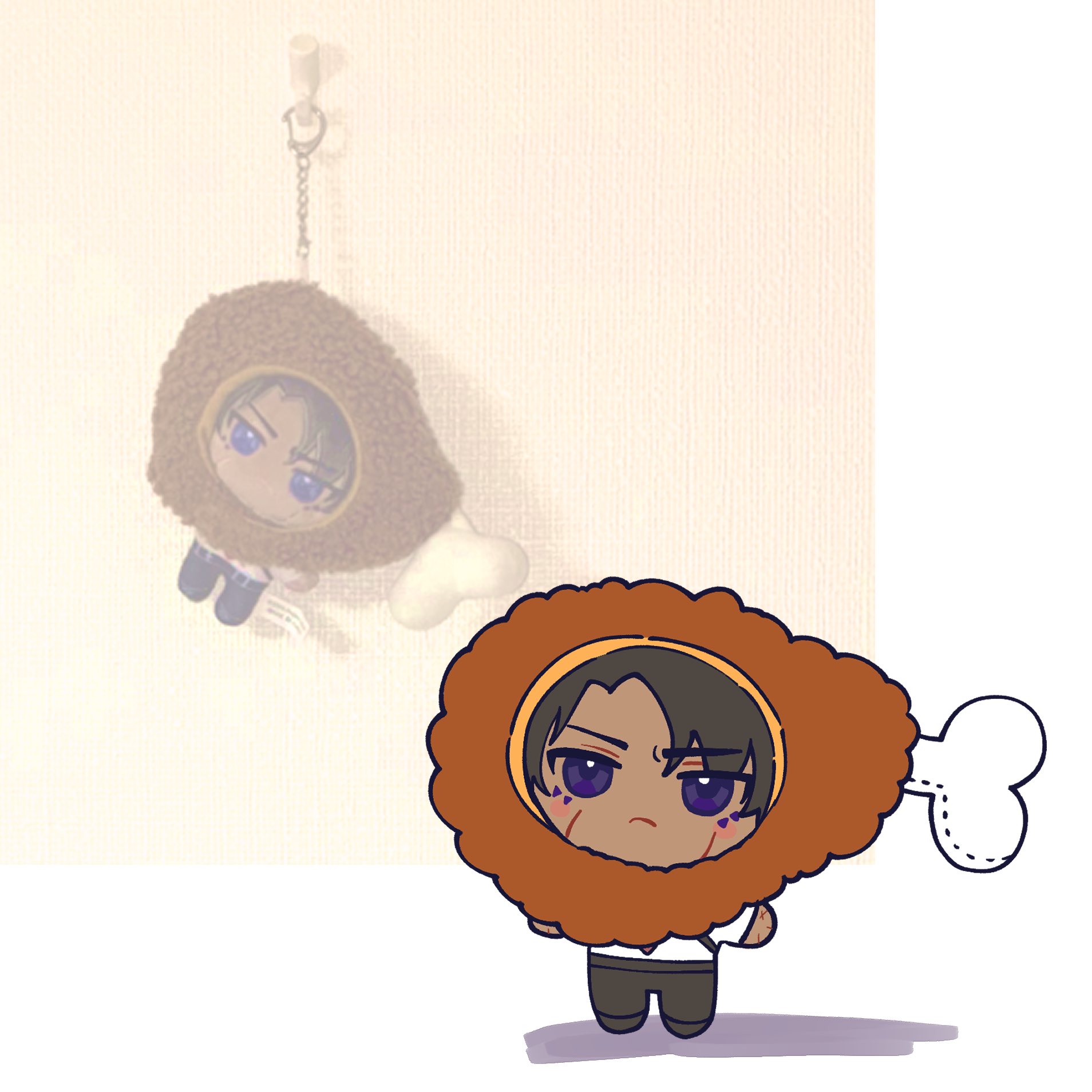 nantekottawo!!, heathcliff (project moon), limbus company, project moon, highres, 1boy, brown hair, character doll, chibi, chibigurumi, chicken (food), dark-skinned male, dark skin, doll, food, fried chicken, reference inset, simple background, solo, standing, white background