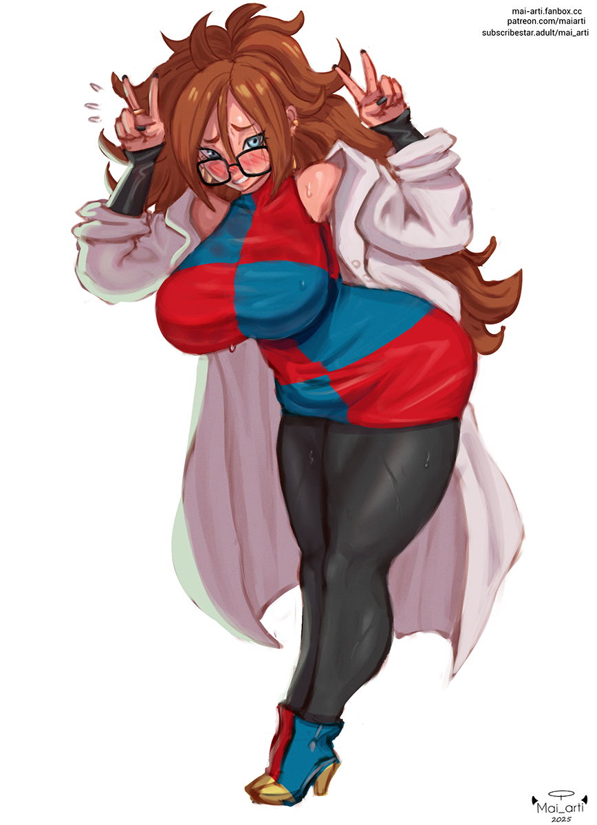 mai arti, android 21, dragon ball, 1girl, blue eyes, blush, breasts, brown hair, curvy, double v, female focus, full body, glasses, high heels, huge breasts, jewelry, lab coat, long hair, looking at viewer, nail polish, ring, solo, sweat, thick thighs, thighs, v, wide hips