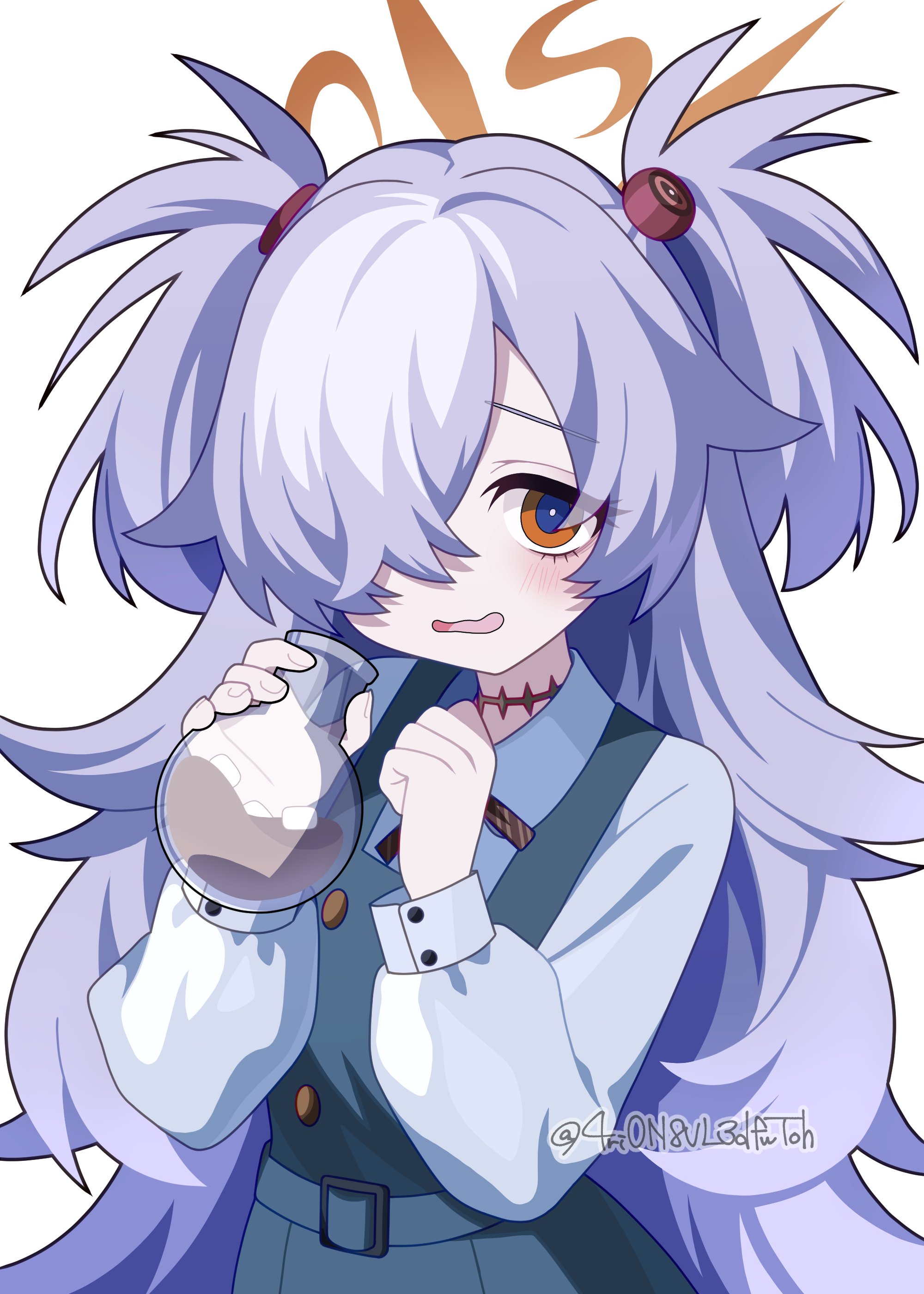 4rion, kanoe (blue archive), blue archive, absurdres, commentary, highres, 1girl, black choker, blue dress, blue eyes, blush, bright pupils, choker, clenched hand, collared shirt, cowboy shot, dress, flask, grey hair, hair ornament, hair over one eye, halo, hands up, holding, holding flask, long bangs, long hair, long sleeves, looking at viewer, multicolored eyes, one eye covered, open mouth, orange eyes, orange halo, pinafore dress, puffy long sleeves, puffy sleeves, round-bottom flask, shirt, simple background, sleeveless, sleeveless dress, smile, solo, spiked hair, twitter username, two-tone eyes, two side up, very long hair, wavy mouth, white background, white pupils, white shirt