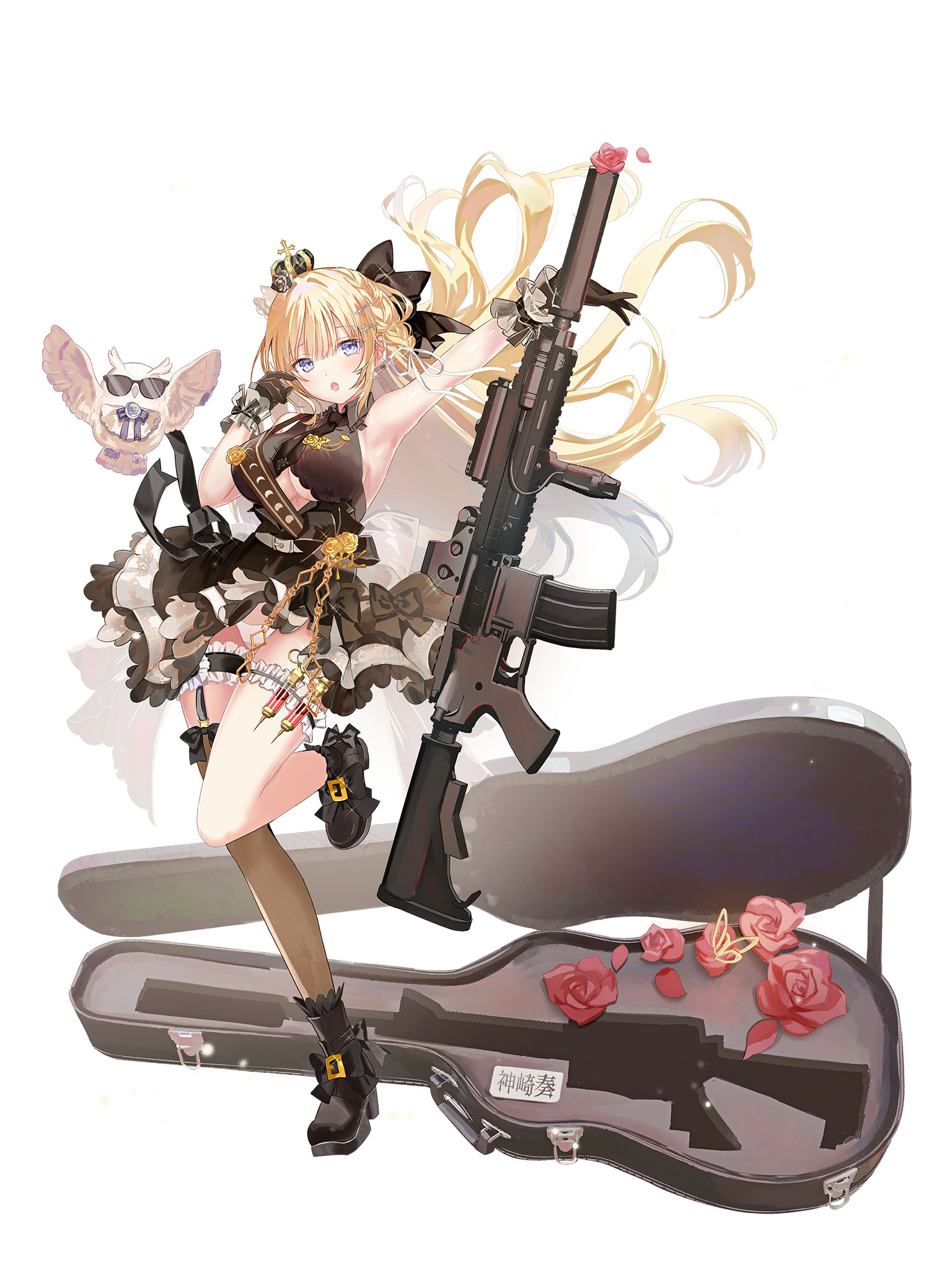 dedeko, highres, official art, 1girl, amatsuki mahjong, arm up, armpits, assault rifle, bare arms, bare shoulders, belt, bird, black boots, black bow, black bowtie, black gloves, black necktie, black ribbon, black sash, black shirt, black skirt, blonde hair, blue eyes, boots, bow, bowtie, braid, breasts, brown thighhighs, cleavage, clothing cutout, collared shirt, crown, flower, frilled boots, frilled gloves, frilled skirt, frilled thigh strap, frills, garter straps, gloves, gold flower, gun, hair bow, hair ornament, hand on own face, holding, holding gun, holding weapon, kanzaki kanade (amatsuki mahjong), large breasts, long hair, m4 carbine, mini crown, necktie, open mouth, owl, panties, panty peek, red flower, ribbon, rifle, sash, shirt, shoulder sash, simple background, single garter strap, single thighhigh, skirt, skirt flip, sleeveless, sleeveless shirt, solo, standing, standing on one leg, tachi-e, thigh strap, thighhighs, thighs, underboob, underboob cutout, underwear, weapon, weapon case, white background, white belt, white panties