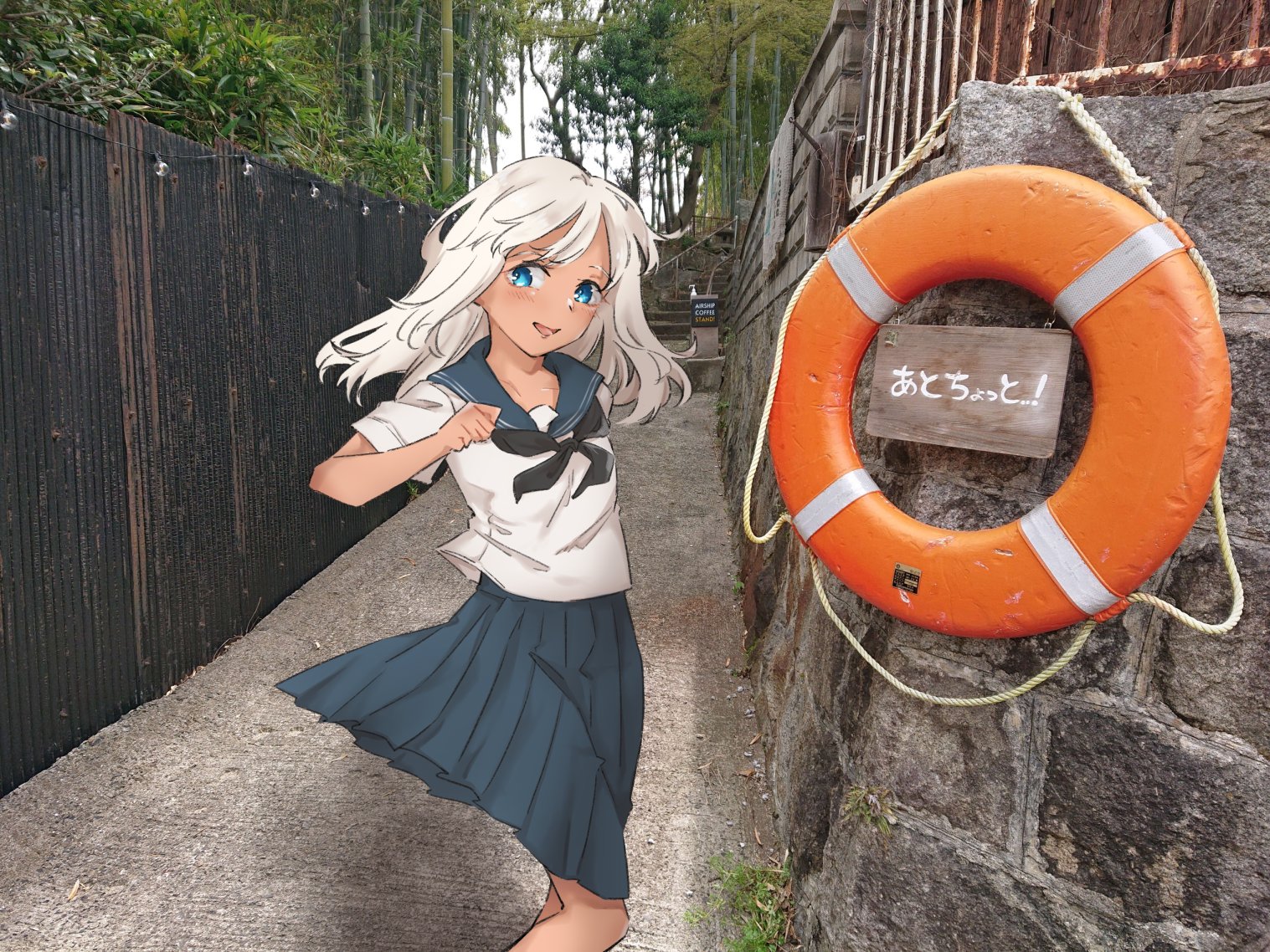 rimiera, ro-500 (kancolle), kantai collection, commentary request, translation request, 1girl, alley, alternate costume, black neckerchief, blonde hair, blue eyes, blue sailor collar, blue skirt, dress, feet out of frame, lifebuoy, neckerchief, pleated dress, sailor collar, sailor shirt, school uniform, serafuku, shirt, short sleeves, skirt, smile, solo, summer uniform, swim ring