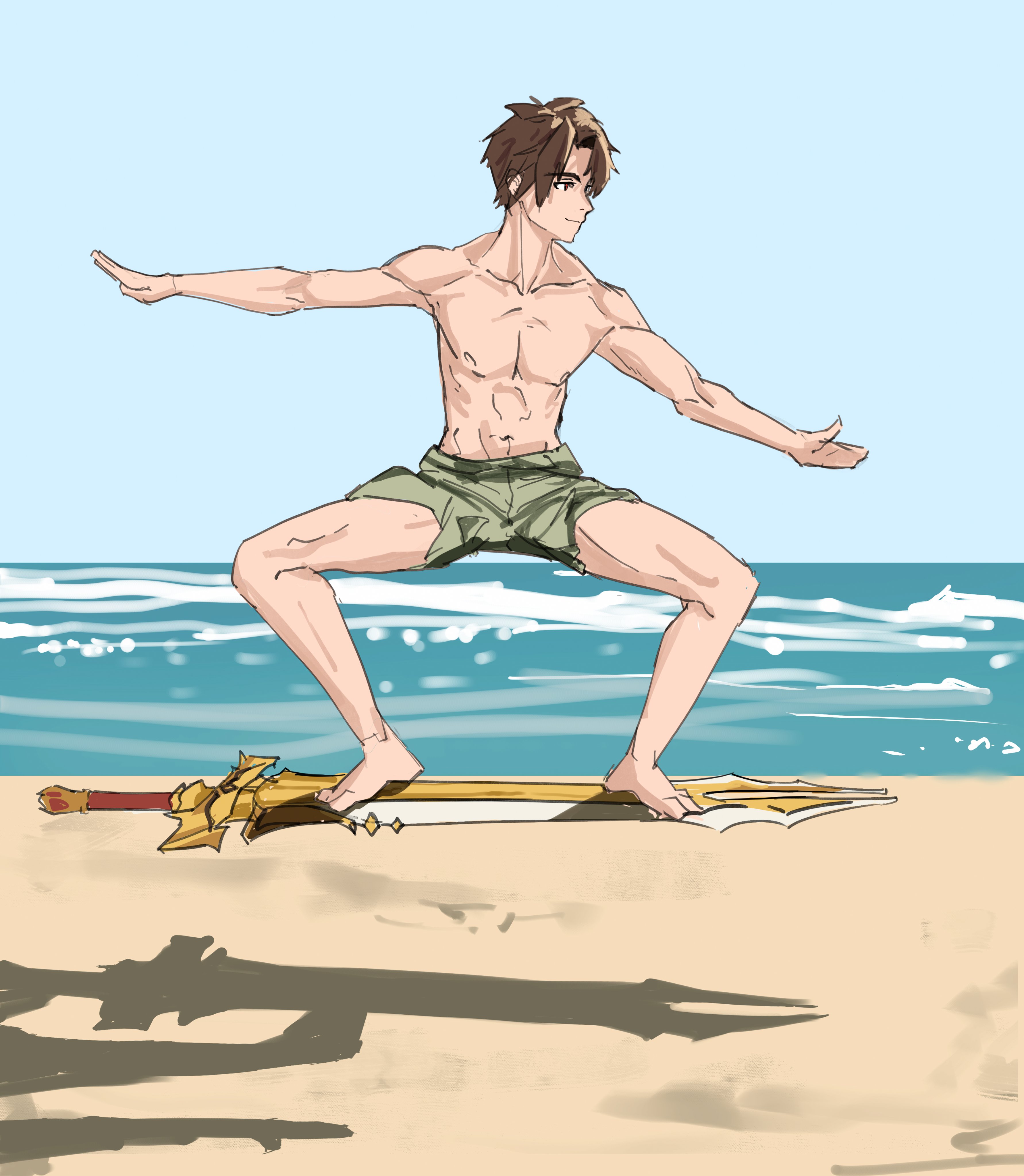 kaoru puripuri, aleksander ryback, mushoku tensei, absurdres, highres, 1girl, beach, black hair, blue sky, floating, huge weapon, muscular, muscular male, pectorals, shadow, sky, solo, topless male, weapon
