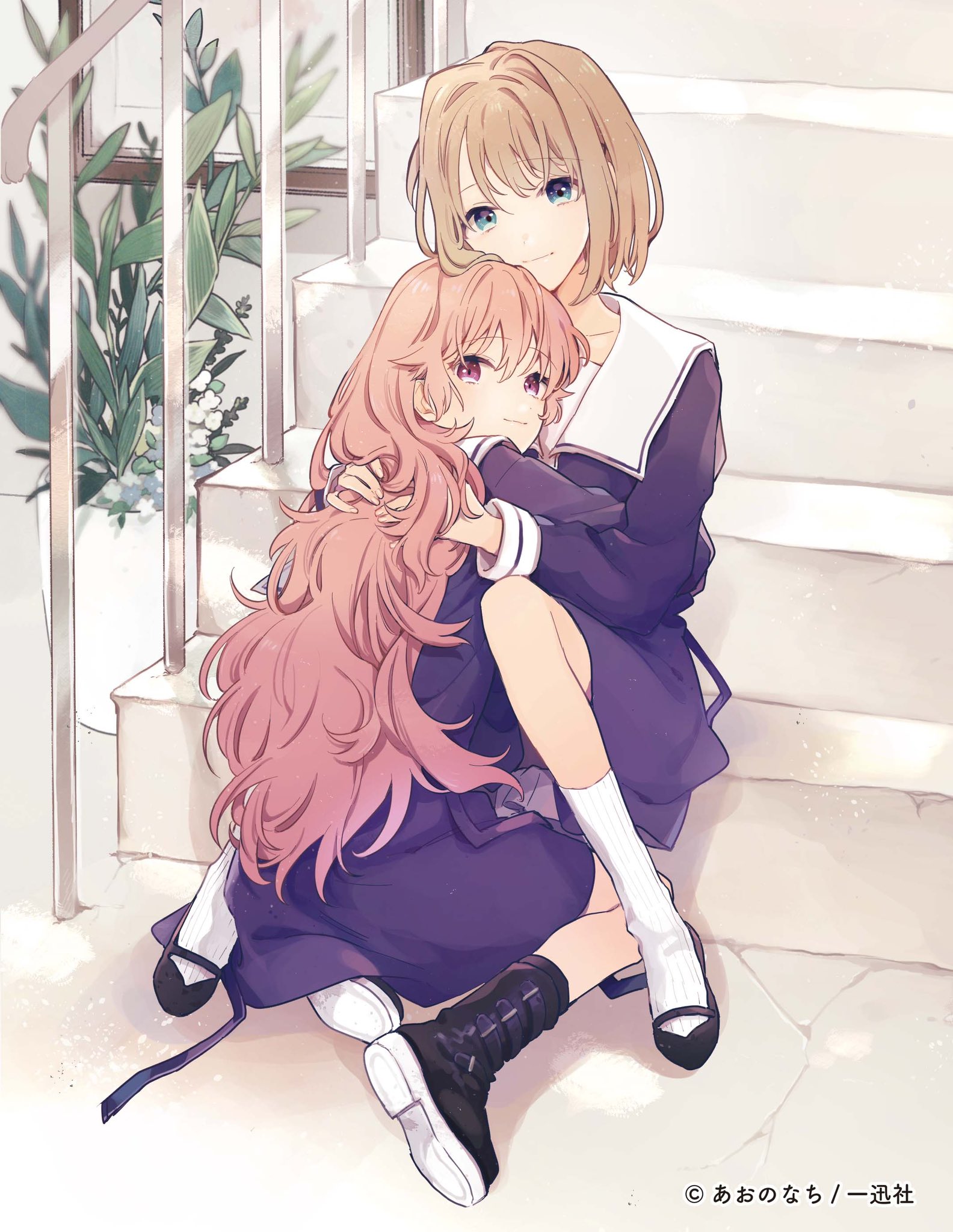 kagari mimi, totsuki shiina, kimi ga shinu made koi wo shitai, highres, official art, 2girls, black boots, boots, brown hair, closed mouth, dress, hug, long hair, long sleeves, multiple girls, pink hair, plant, school uniform, short hair, stairs, yuri