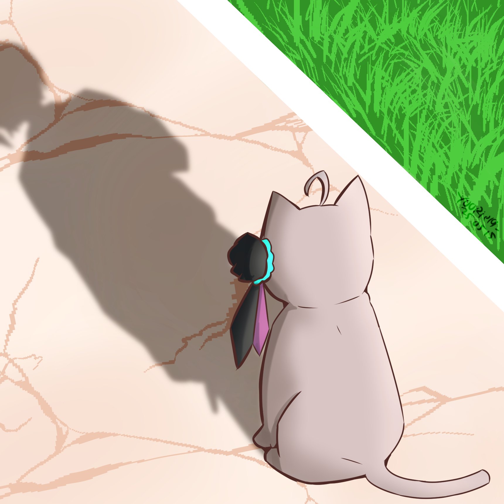 yoorie19, minase sumomo, heaven burns red, highres, animal, cat shadow puppet (meme), different shadow, flower, hair flower, hair ornament, meme, outdoors, rose