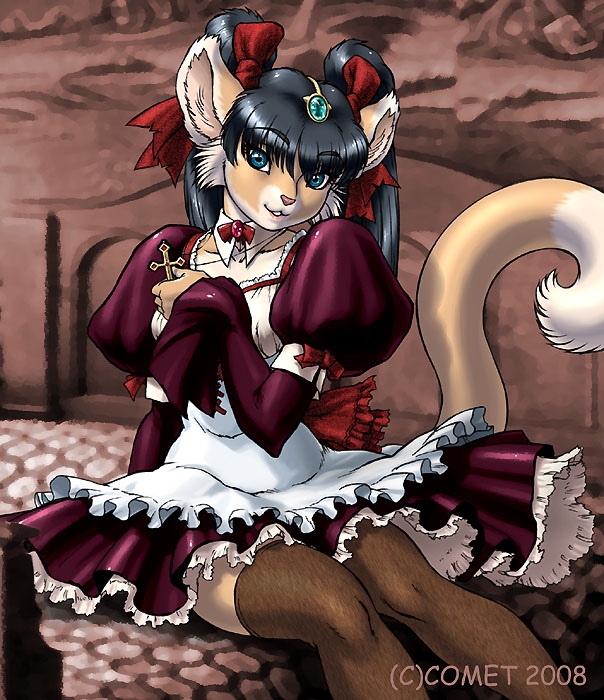 dr comet, bow, furry, long hair, maid, skirt, tail, thighhighs, twintails