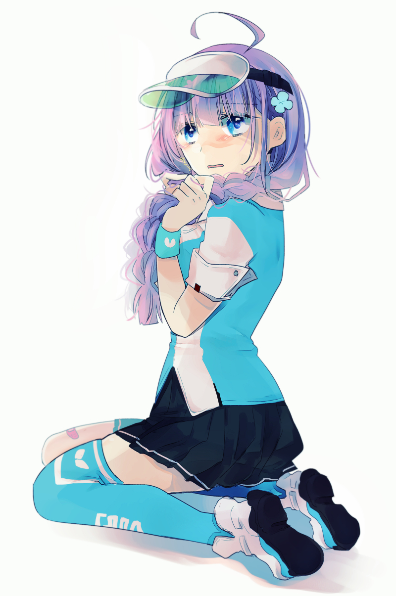 uyuki (ouun), date akari, heaven burns red, highres, 1girl, ahoge, aqua eyes, braid, clover hair ornament, hair ornament, kneeling, long hair, multicolored hair, purple hair, sportswear, streaked hair, tennis uniform, twin braids, visor cap