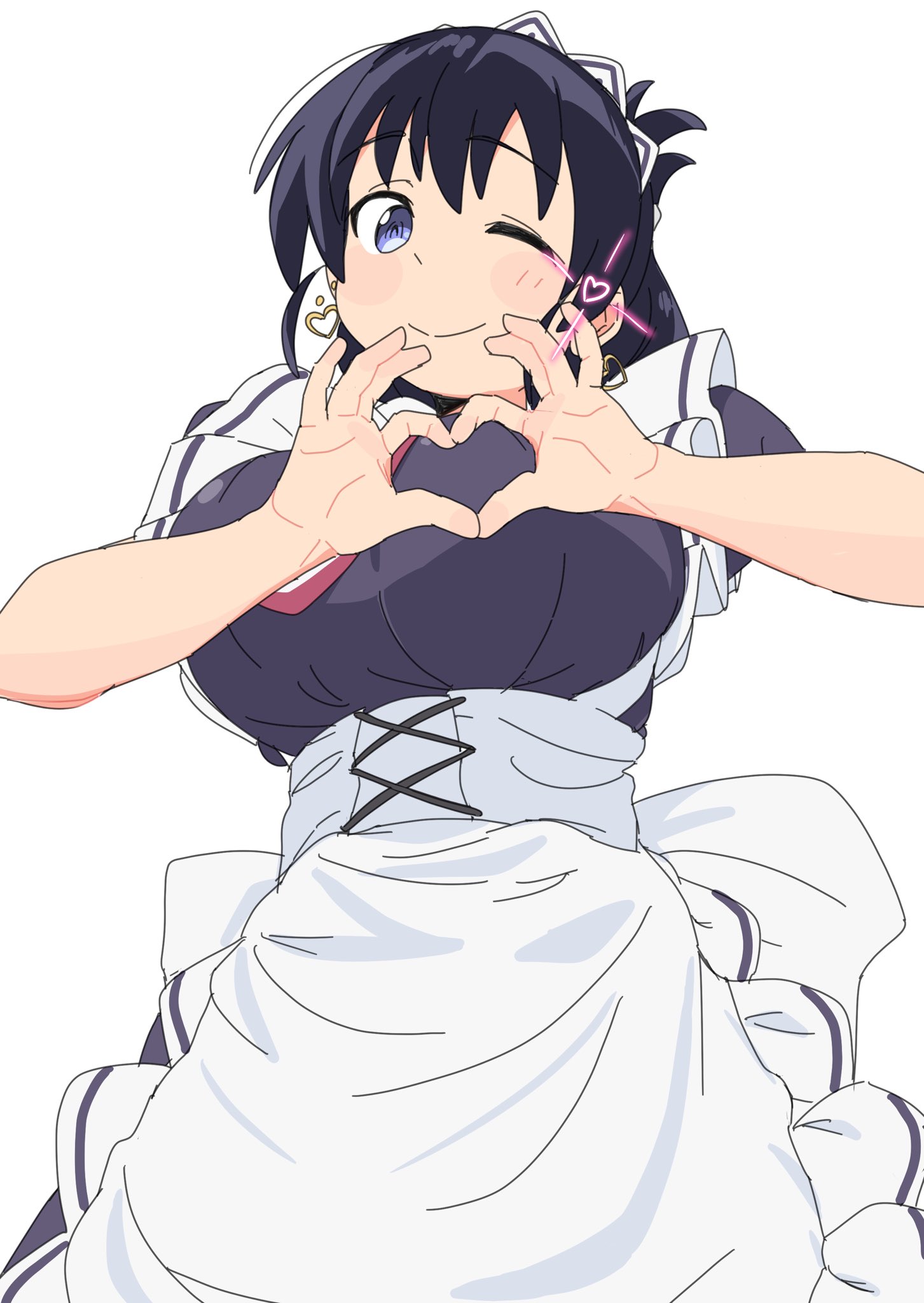 4uys, arato nagi, ruri no houseki, highres, 1girl, apron, black dress, black hair, blue eyes, breasts, closed mouth, collared dress, cowboy shot, dress, earrings, frilled dress, frills, heart, heart earrings, heart hands, jewelry, large breasts, light blush, looking at viewer, maid apron, maid headdress, one eye closed, short sleeves, simple background, smile, solo, white apron, white background