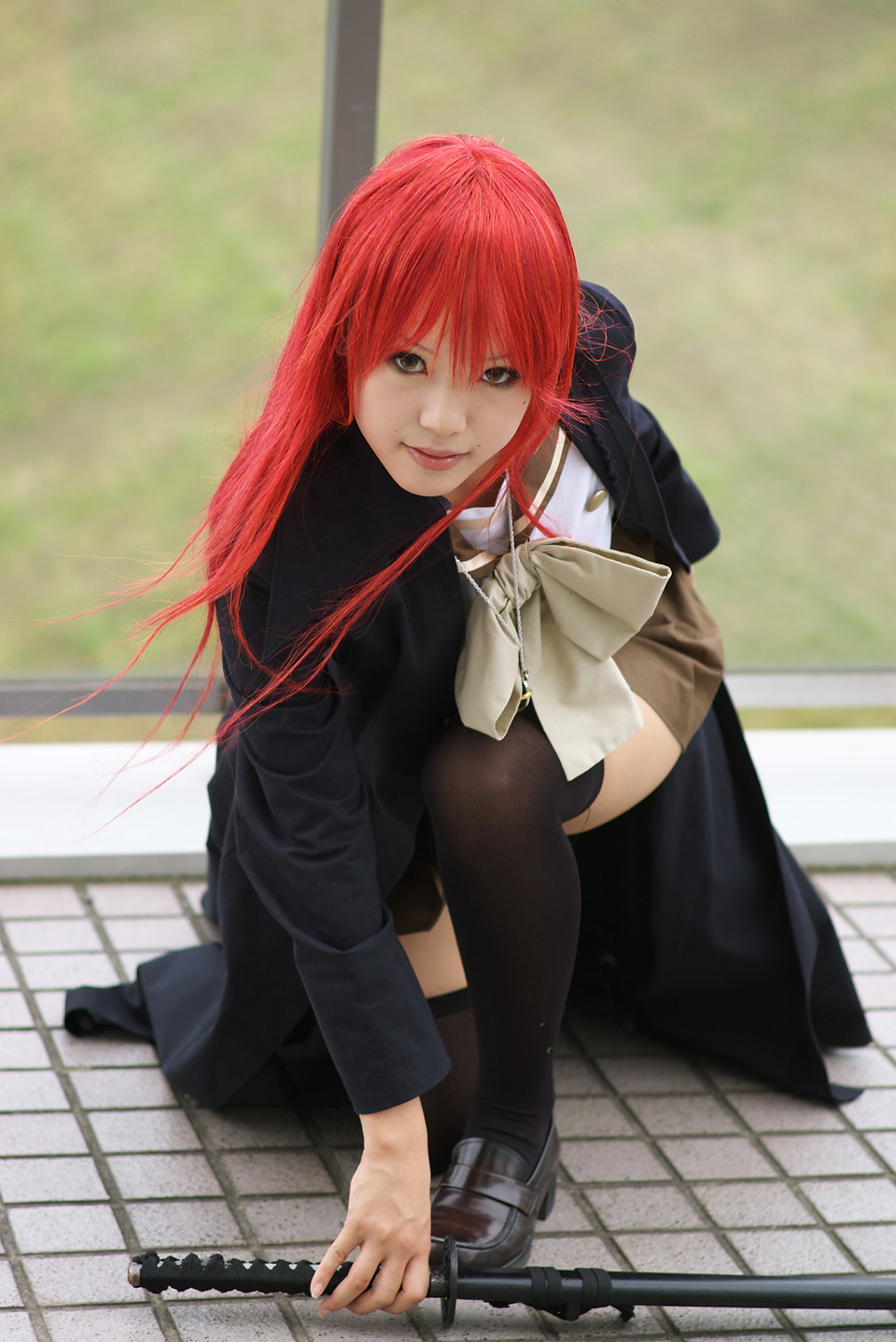 kipi-san, alastor (shakugan no shana), shana, real life, shakugan no shana, cosplay photo, highres, photo (medium), 1girl, asian, breasts, coat, color contacts, cosplay, female focus, jewelry, katana, loafers, long hair, looking at viewer, mole, on one knee, overcoat, pendant, red hair, school uniform, serafuku, shana (cosplay), shoes, small breasts, solo, sword, thighhighs, weapon, zettai ryouiki