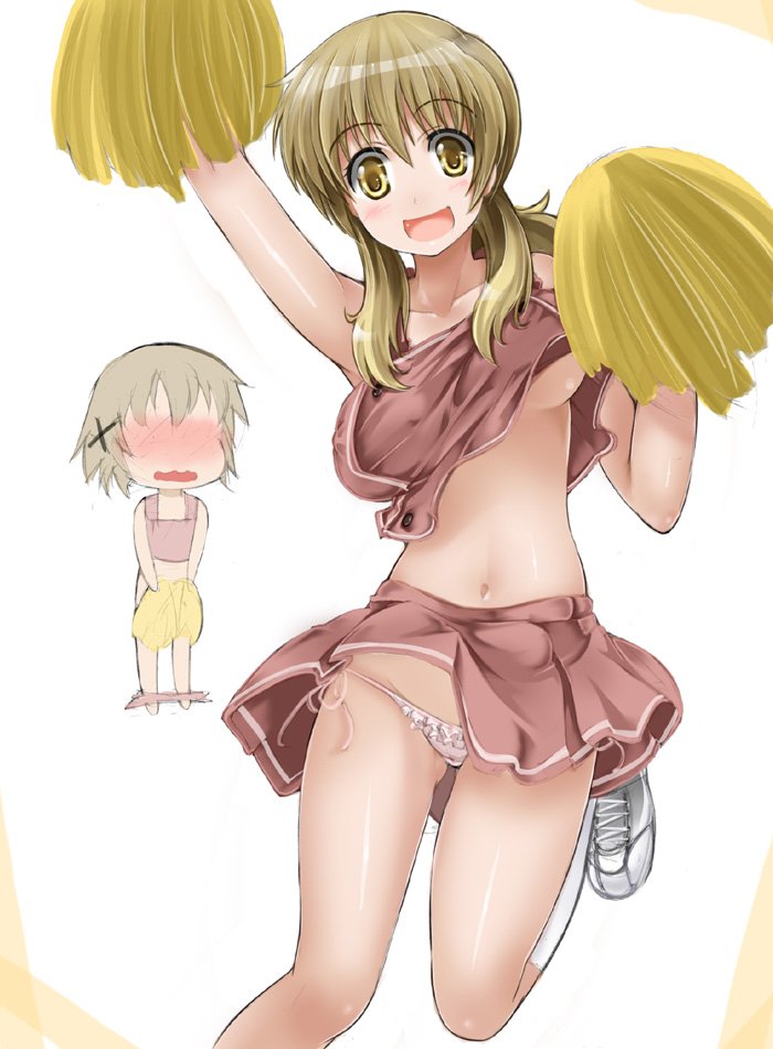 blush, breasts, cheerleader, clothes lift, long hair, midriff, panties, shirt lift, short hair, socks, underwear