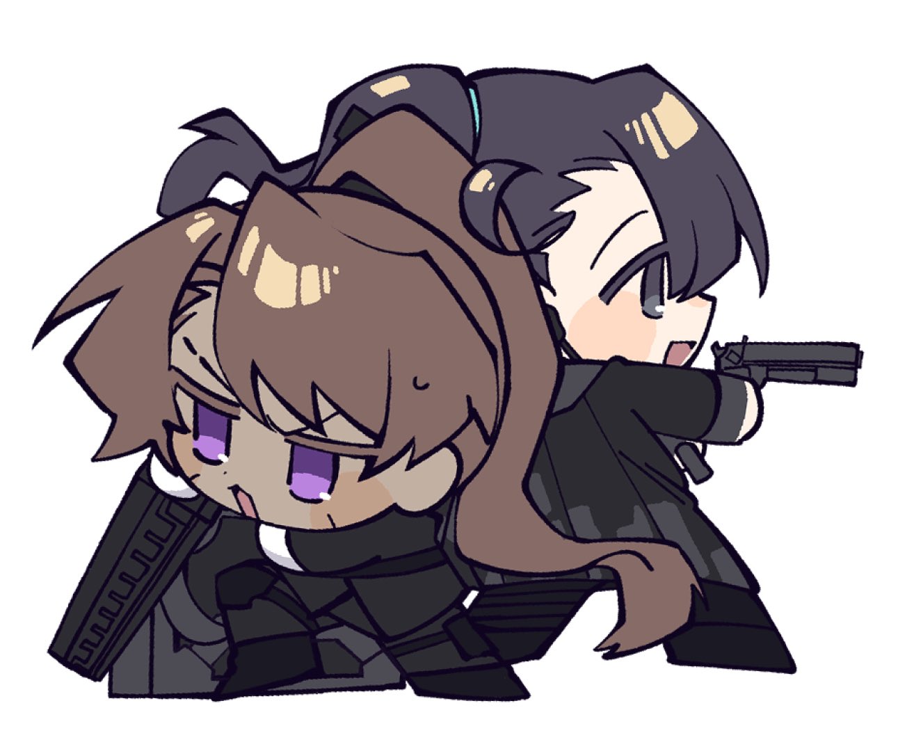 nantekottawo!!, heathcliff (project moon), hong lu (project moon), limbus company, project moon, 2boys, back-to-back, black boots, black coat, black hair, boots, brown hair, chibi, coat, full-stop office (identity) (project moon), high ponytail, holding bun, long hair, long sleeves, multiple boys, parted bangs, ponytail, purple eyes, simple background, sweat, very long hair, white background