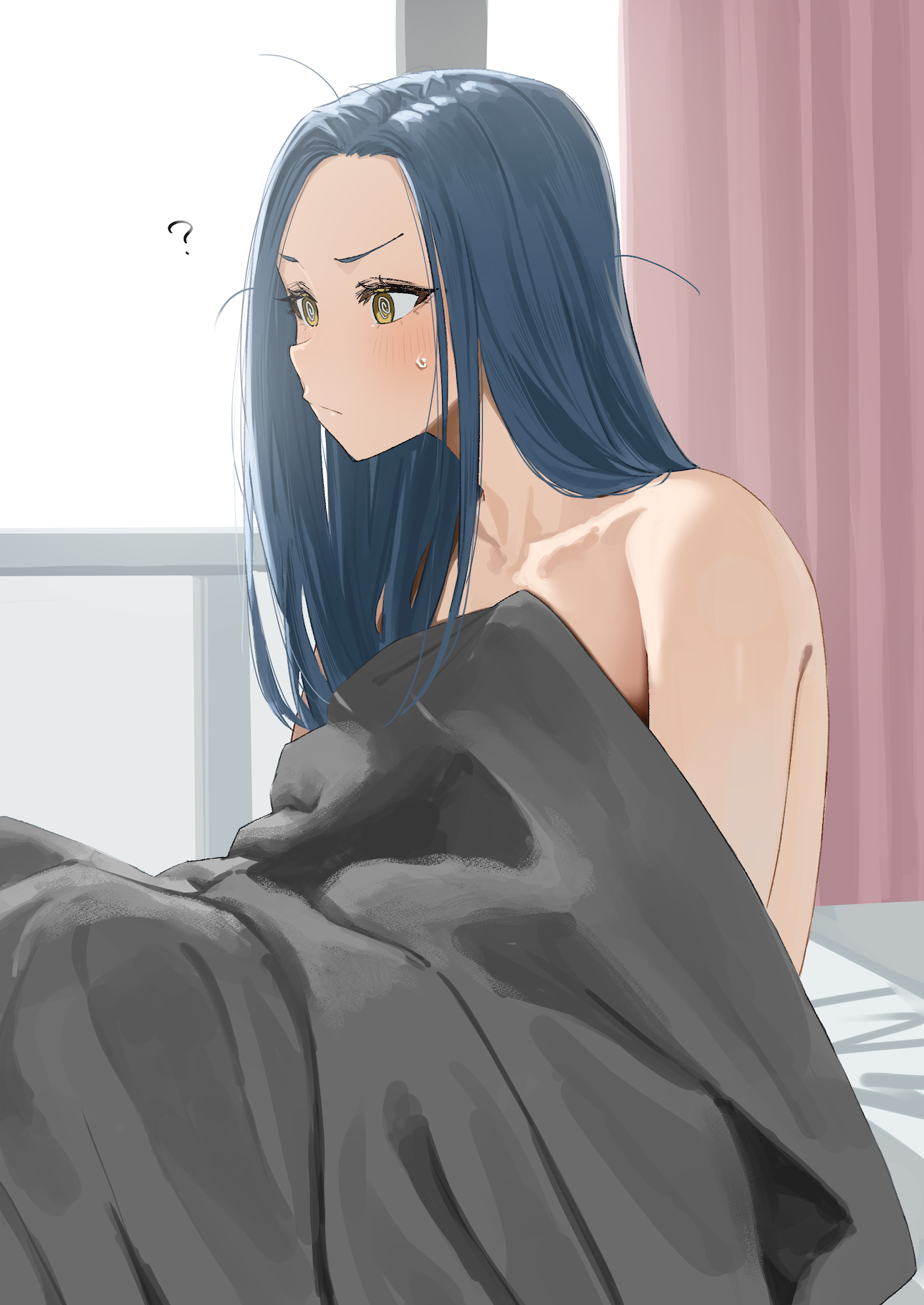 hara kenshi, kimishima touka, original, commentary request, highres, 1girl, @ @, blue hair, blush, closed mouth, indoors, long hair, nude, solo, under covers, yellow eyes
