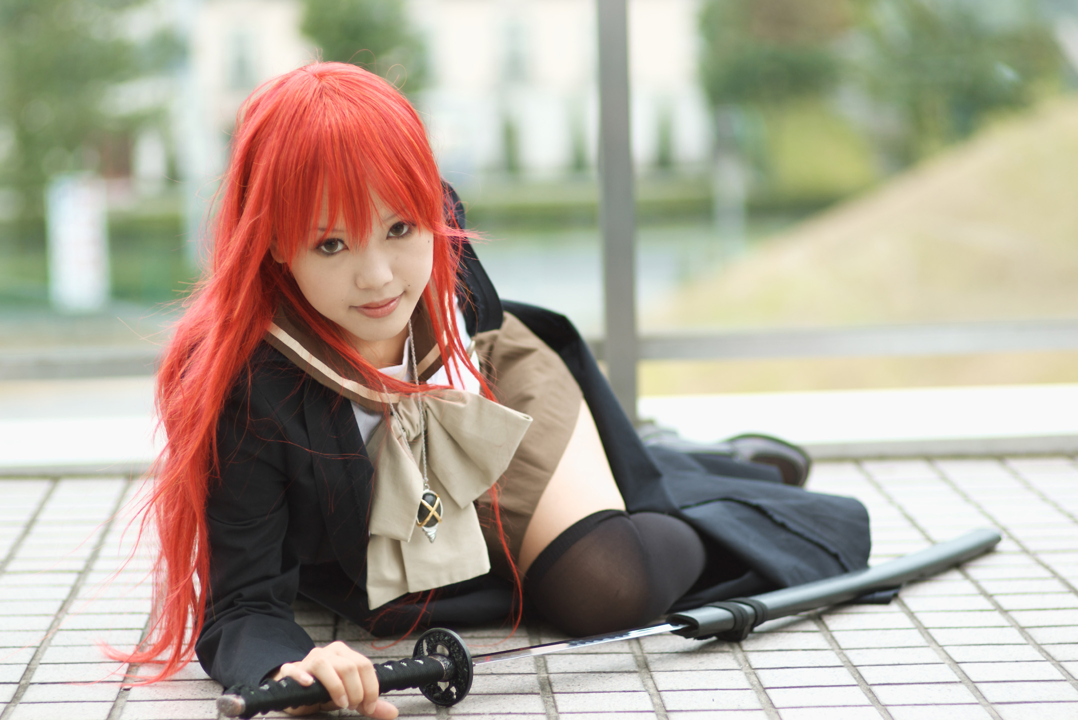 kipi-san, alastor (shakugan no shana), shana, real life, shakugan no shana, cosplay photo, highres, photo (medium), 1girl, asian, breasts, coat, color contacts, cosplay, female focus, jewelry, katana, long hair, looking at viewer, on floor, overcoat, pendant, red hair, school uniform, serafuku, shana (cosplay), small breasts, solo, sword, thighhighs, weapon, zettai ryouiki