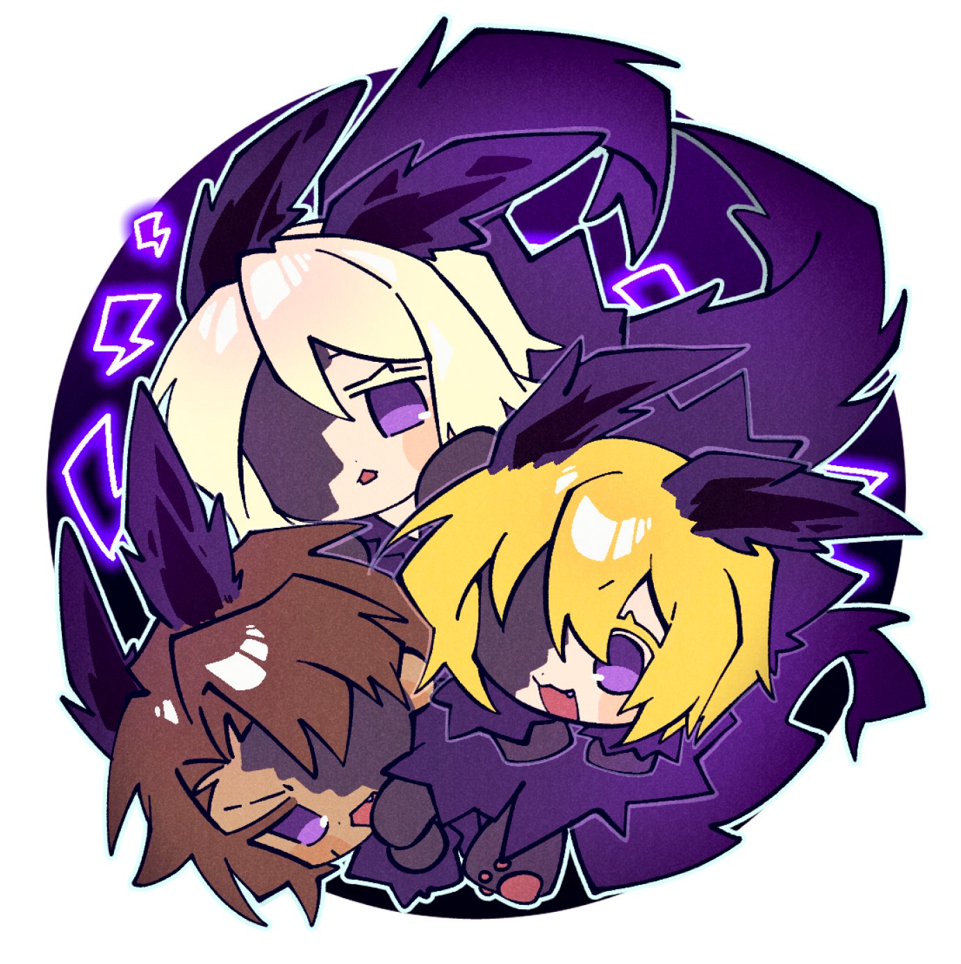 nantekottawo!!, don quixote (project moon), faust (project moon), heathcliff (project moon), limbus company, project moon, highres, 1boy, 2girls, animal ears, animal hands, blonde hair, brown hair, chibi, coat, dark-skinned male, dark skin, e.g.o (project moon), electricity, full body, multiple girls, open mouth, purple coat, purple eyes, short hair, tail, telepole (e.g.o), white hair, wolf ears, wolf tail