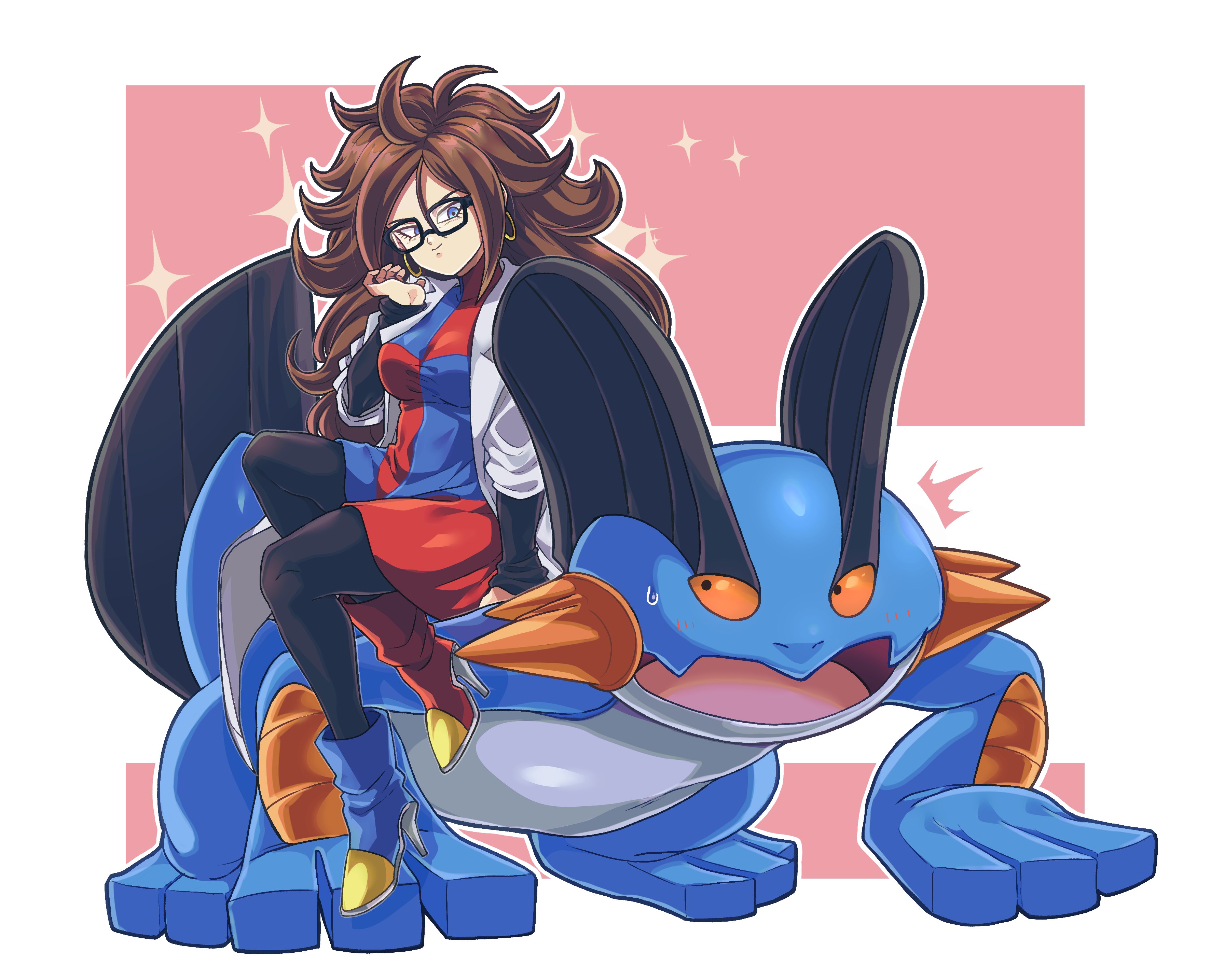 otyumamii, android 21, swampert, dragon ball, dragon ball fighterz, nintendo, pokemon, absurdres, commentary request, highres, 1girl, 1other, android, asymmetrical footwear, black-framed eyewear, black pantyhose, black sleeves, blue dress, blue eyes, boots, border, brown hair, checkered clothes, checkered dress, crossover, dress, earrings, eye contact, gen 3 pokemon, glasses, gold earrings, high heel boots, high heels, hoop earrings, jewelry, lab coat, long hair, looking at another, looking at creature, messy hair, mismatched footwear, open mouth, pantyhose, pink background, pokemon (creature), red dress, riding, scientist, sitting, sparkle, sweatdrop, two-tone dress, white border