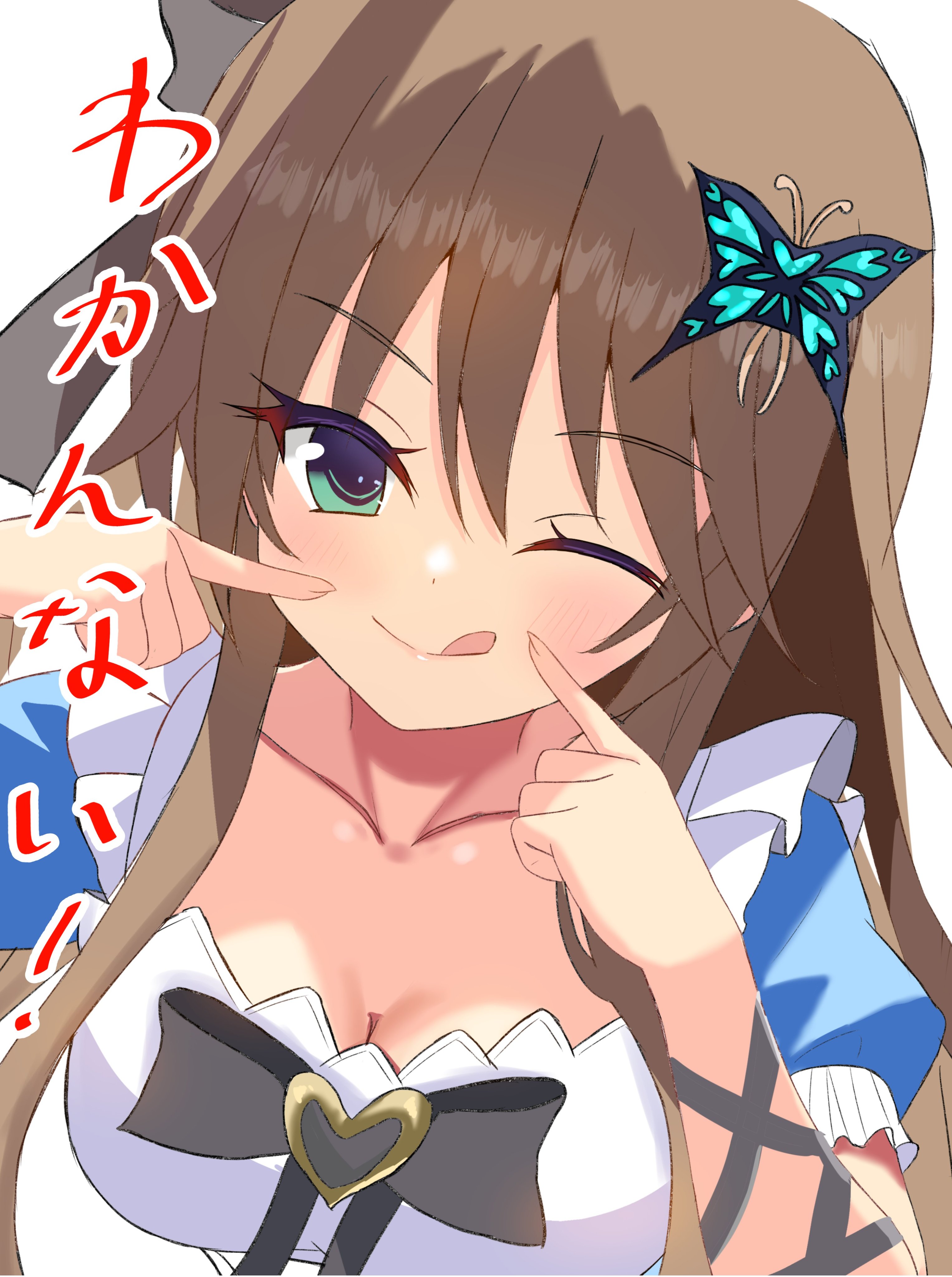 sakuratoru, toriumi arisu, hapymaher, absurdres, commentary request, highres, translated, 1girl, ;), ;q, apron, aqua eyes, backlighting, black ribbon, blue dress, blush, bow, breasts, brown hair, butterfly hair ornament, cleavage, closed mouth, collarbone, dress, dress bow, dutch angle, eyelashes, eyes visible through hair, fingers to cheeks, frilled apron, frilled sleeves, frills, hair between eyes, hair ornament, hair ribbon, hands up, heart-shaped ornament, index fingers raised, large breasts, long hair, looking at viewer, one eye closed, puffy short sleeves, puffy sleeves, ribbon, short sleeves, simple background, smile, solo, split mouth, tongue, tongue out, tsurime, upper body, v-shaped eyebrows, white apron, white background