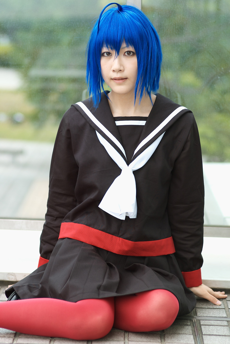red legwear, character request, highres, photo (medium), source request, blue hair, cosplay, oose, sailor, school uniform, serafuku